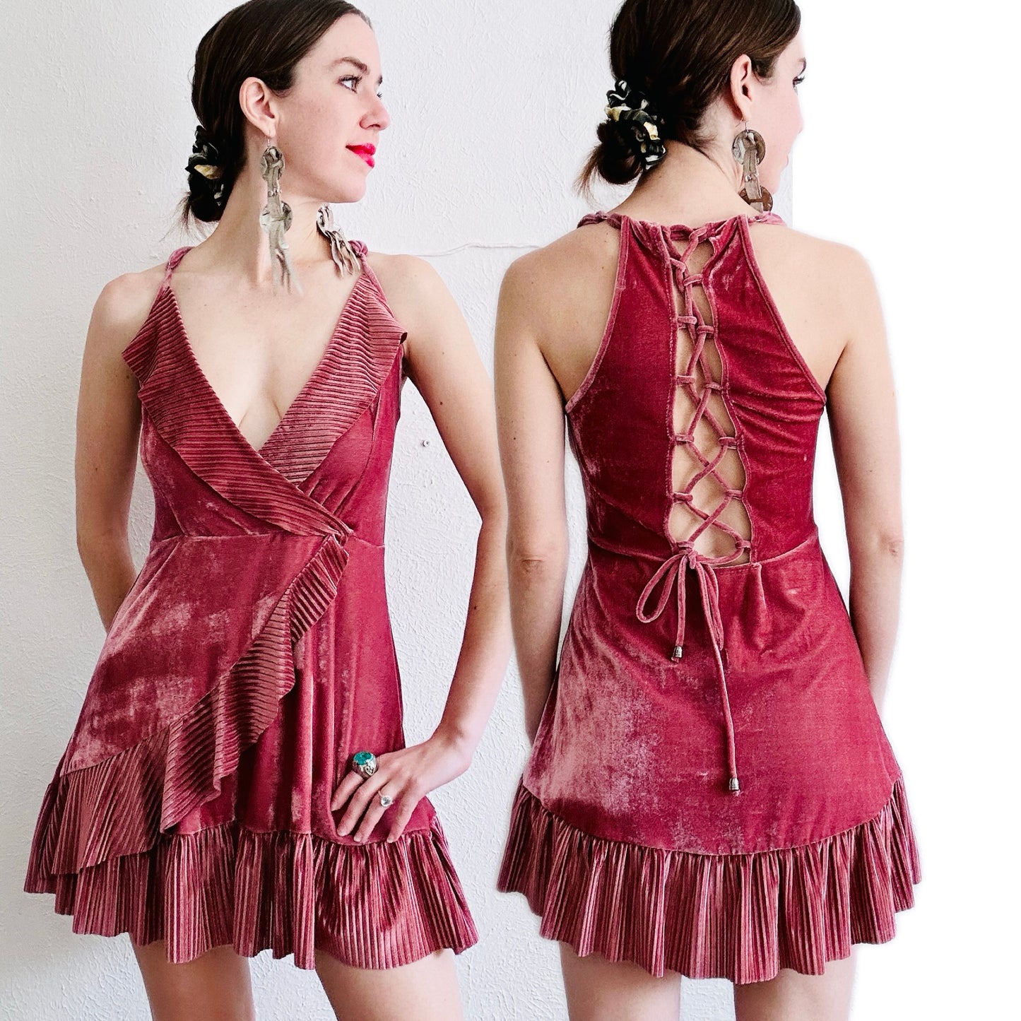 MAUVE RUFFLE VELOUR DRESS // SIZE SMALL