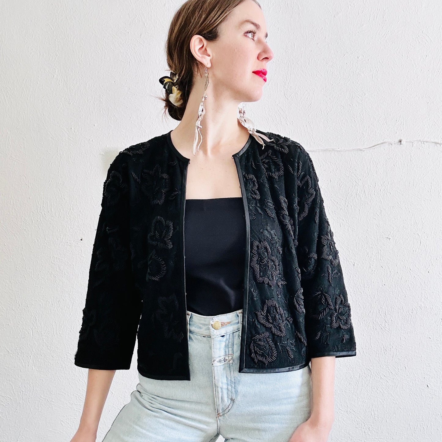 60S VINTAGE BLACK BEADED JACKET // SIZE MEDIUM