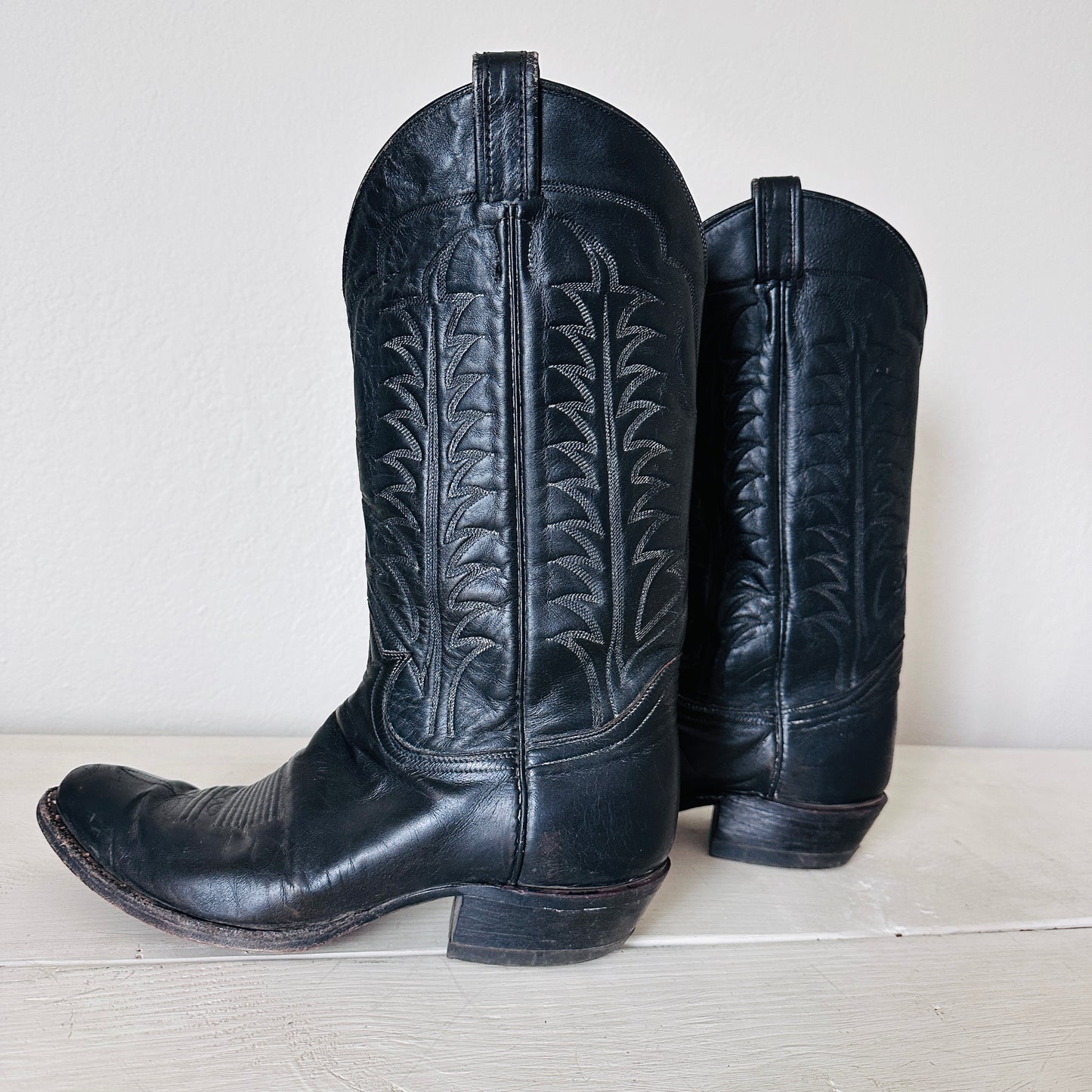 90S VINTAGE TONY LAMA BLACK LEATHER COWBOY BOOTS // MENS 10D