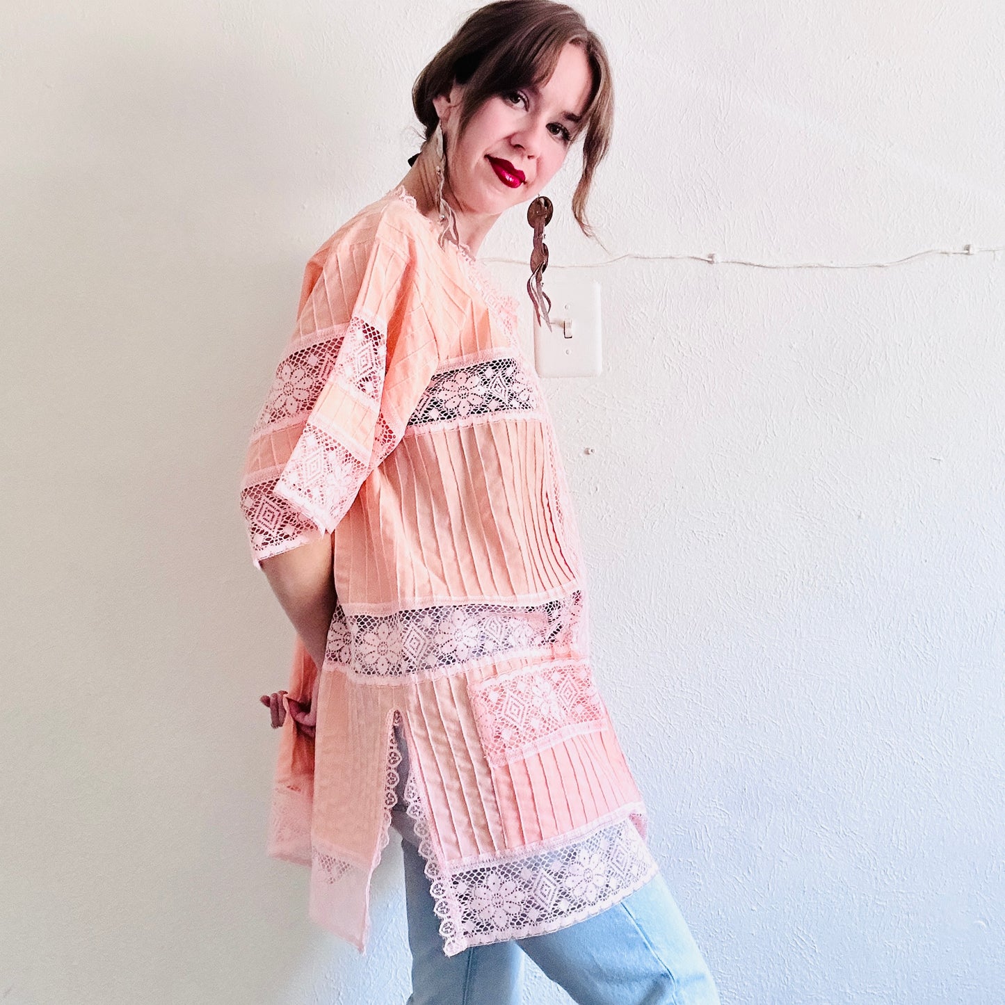 VINTAGE PINK LACE DUSTER JACKET // SIZE XL