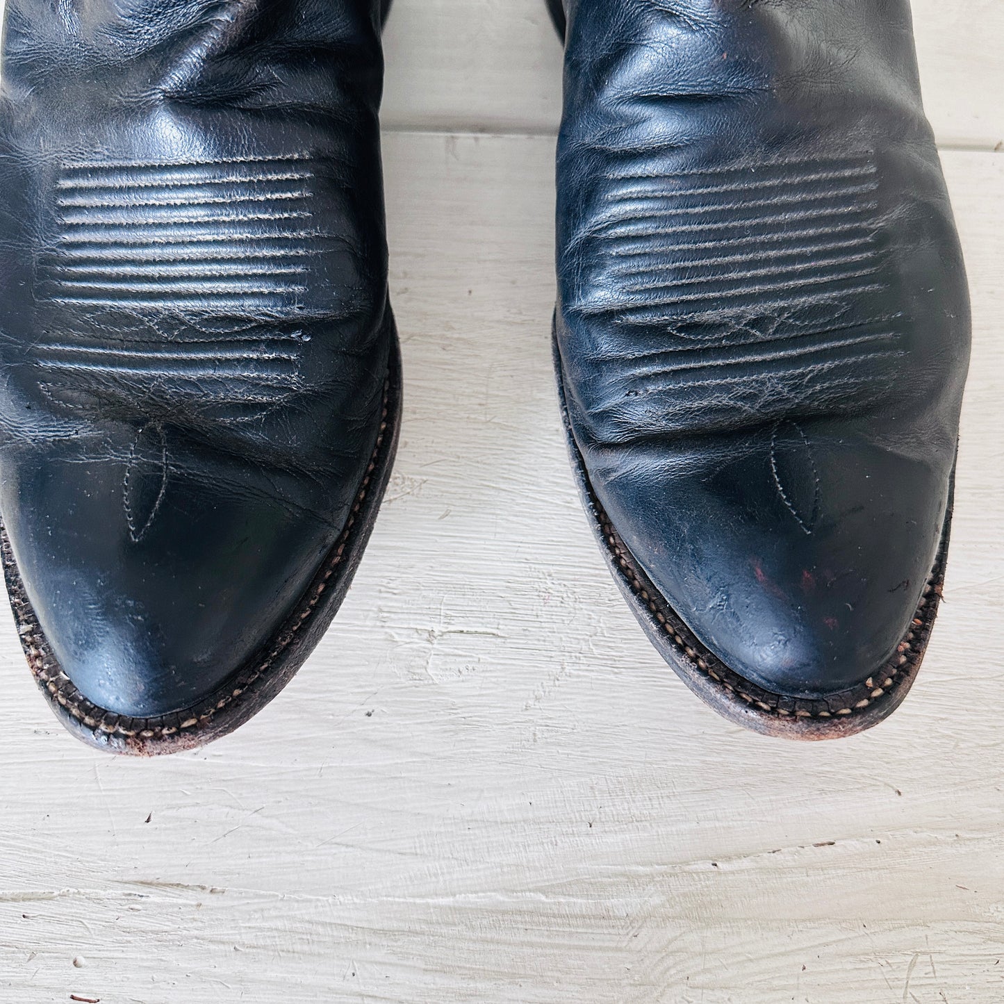 90S VINTAGE TONY LAMA BLACK LEATHER COWBOY BOOTS // MENS 10D