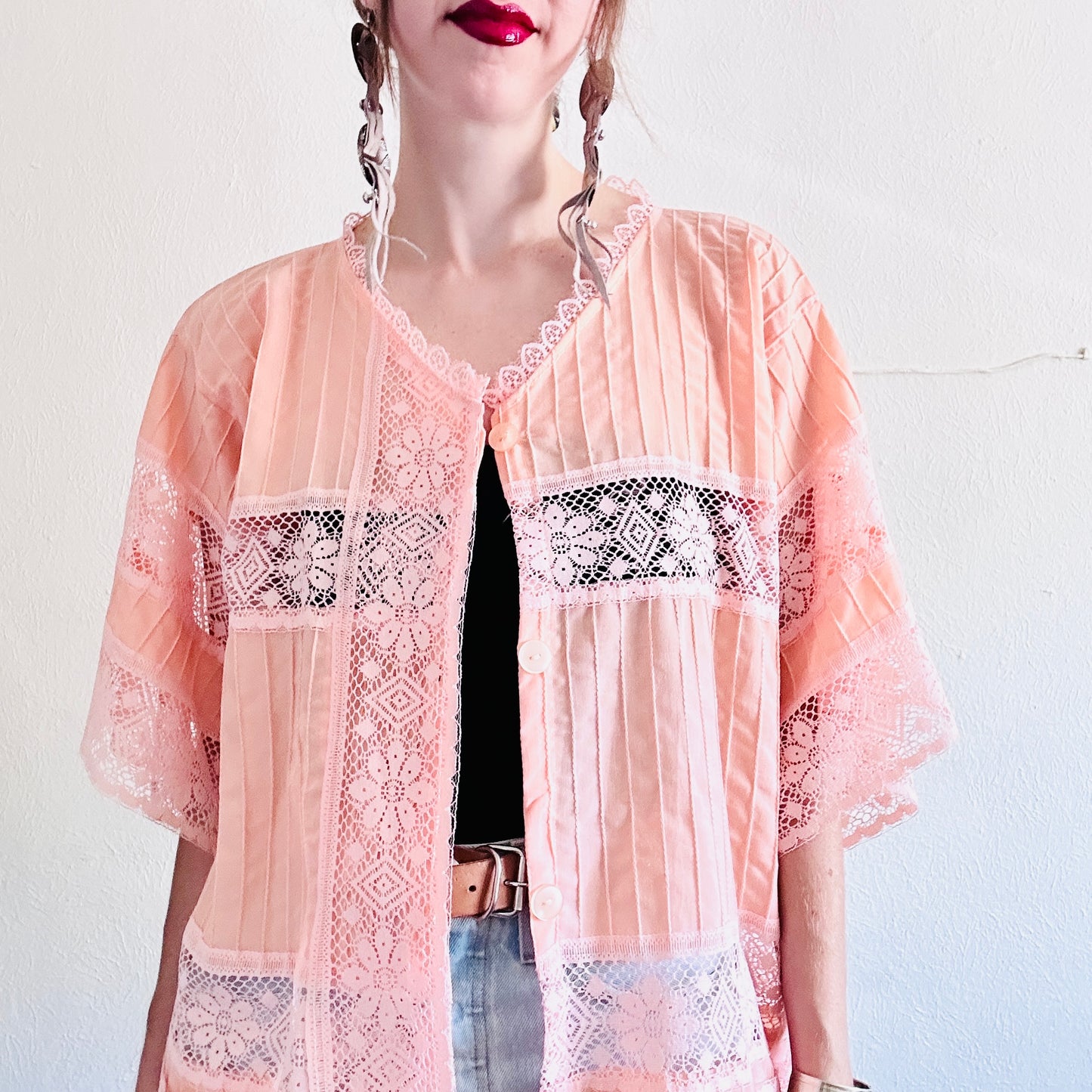 VINTAGE PINK LACE DUSTER JACKET // SIZE XL