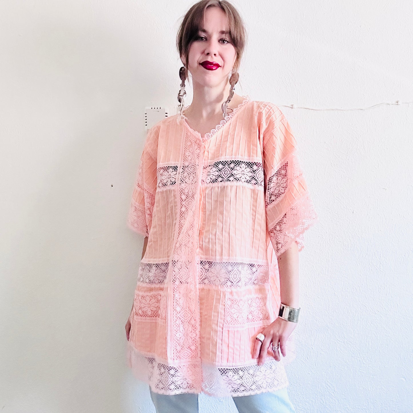 VINTAGE PINK LACE DUSTER JACKET // SIZE XL