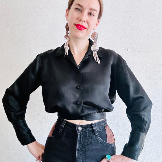 50’S VINTAGE BLACK SILK BLOUSE // SIZE SMALL
