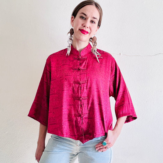 90'S VINTAGE RED BROCADE THAI JACKET // SIZE MEDIUM