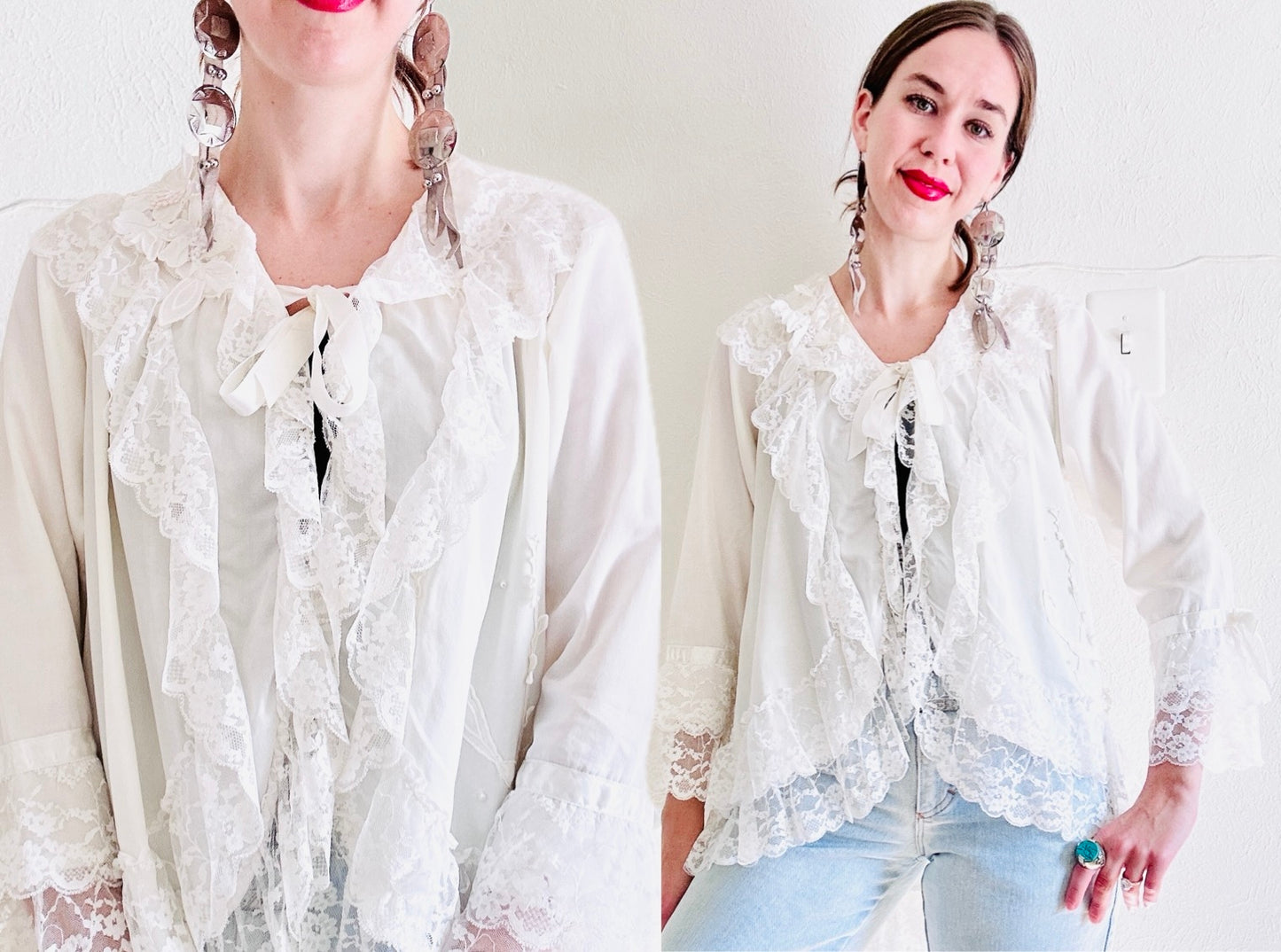 80'S VINTAGE WHITE LACE LINGERIE ROBE // SIZE MEDIUM LARGE