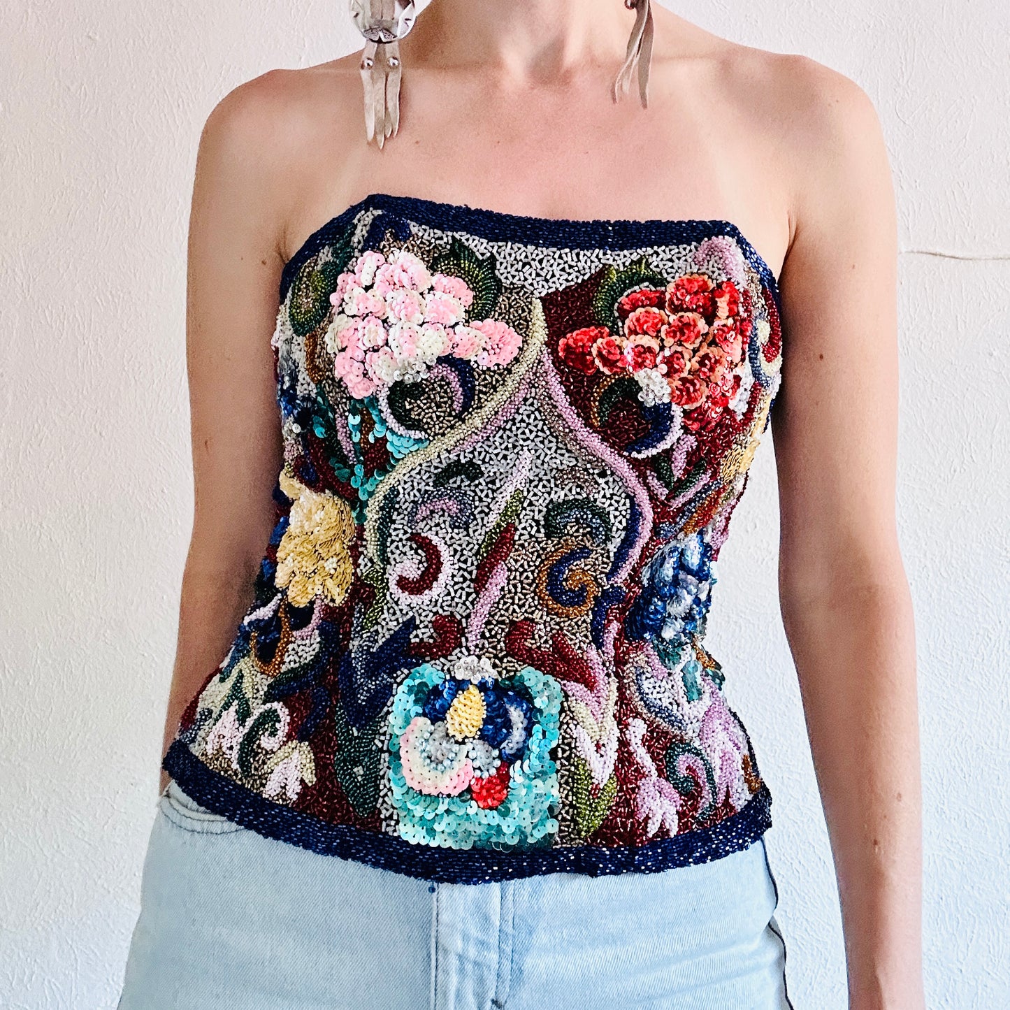 80S VINTAGE BEADED BUSTIER TOP // SIZE MEDIUM