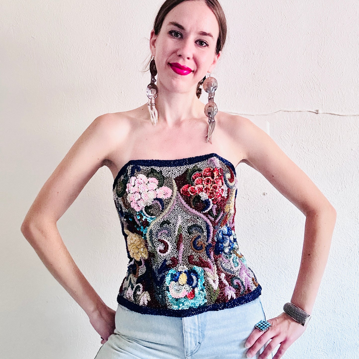 80S VINTAGE BEADED BUSTIER TOP // SIZE MEDIUM
