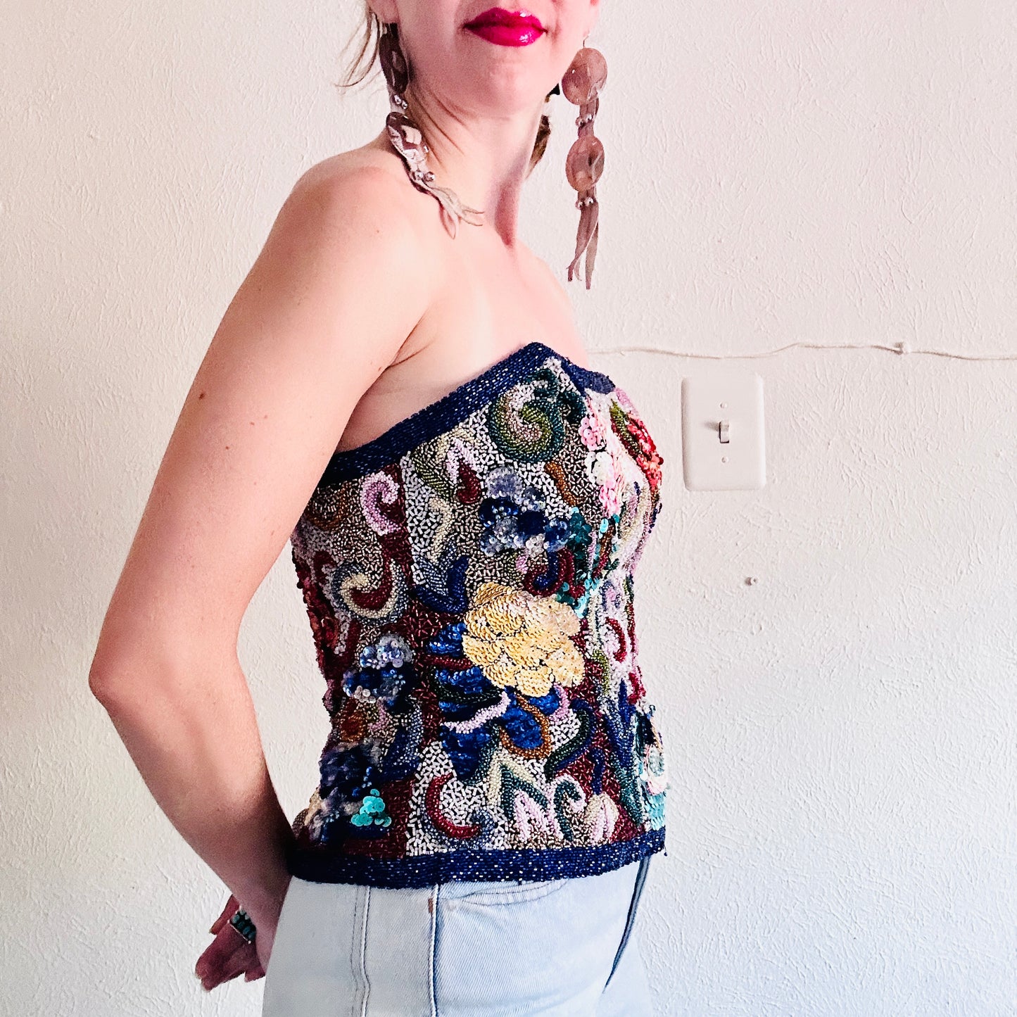 80S VINTAGE BEADED BUSTIER TOP // SIZE MEDIUM