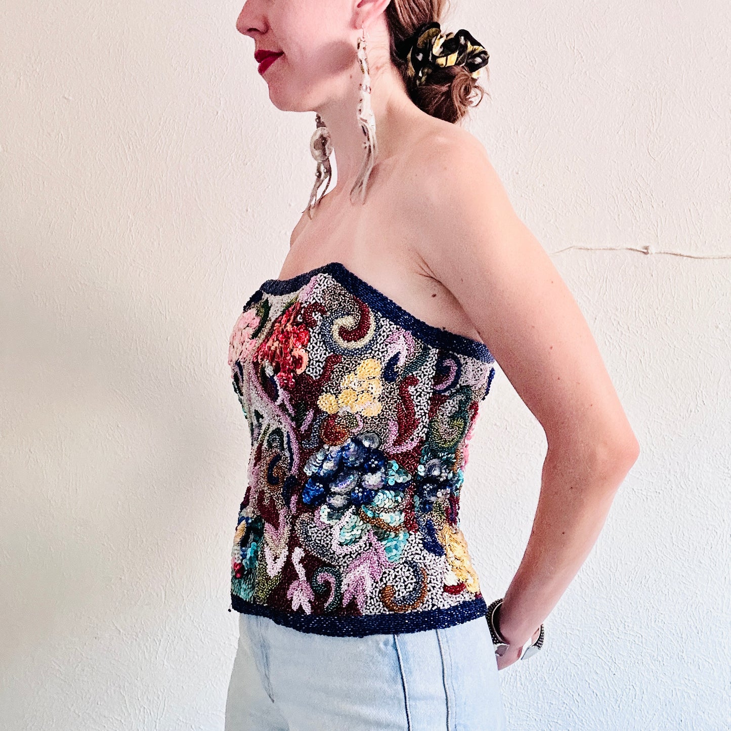 80S VINTAGE BEADED BUSTIER TOP // SIZE MEDIUM