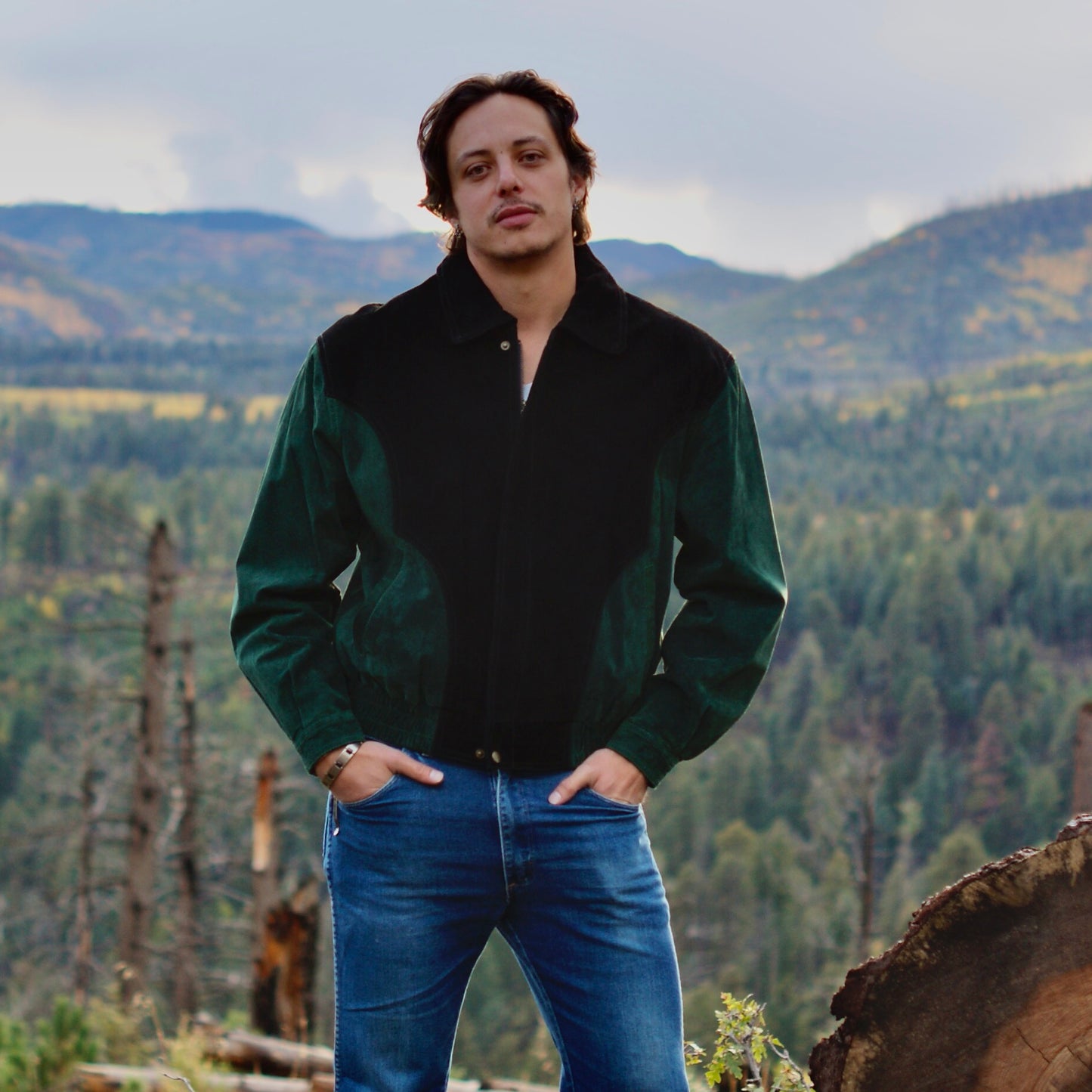 90'S VINTAGE LEATHER COLORBLOCK WESTERN BOMBER JACKET // SIZE MEDIUM