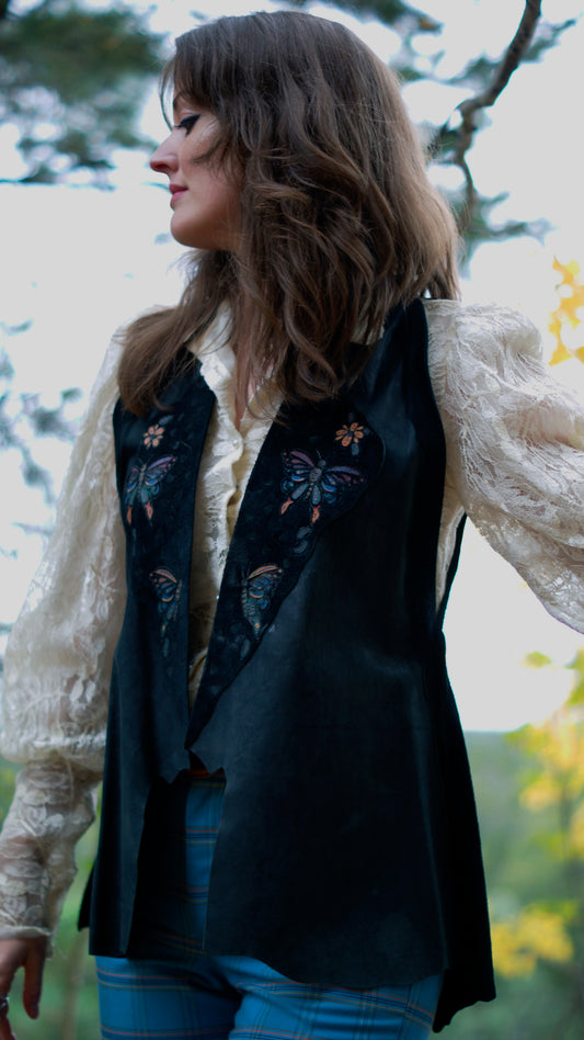 60'S VINTAGE BLACK HAND PAINTED LEATHER VEST // SIZE SMALL