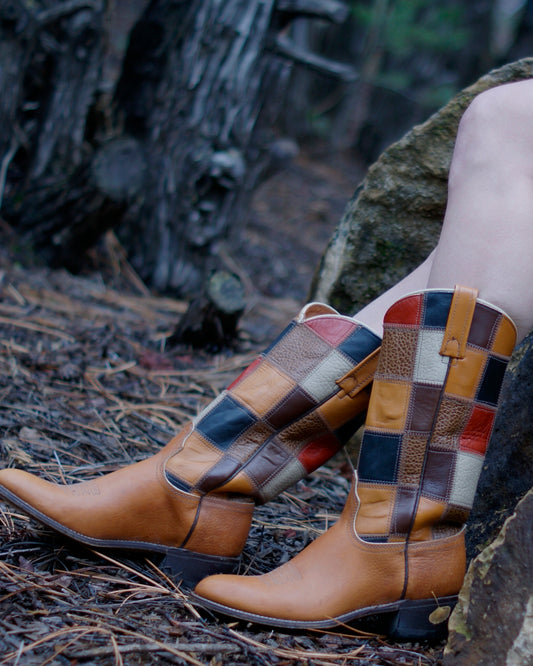 70'S VINTAGE ACME BROWN PATCHWORK LEATHER COWBOY BOOTS  // SIZE 7C