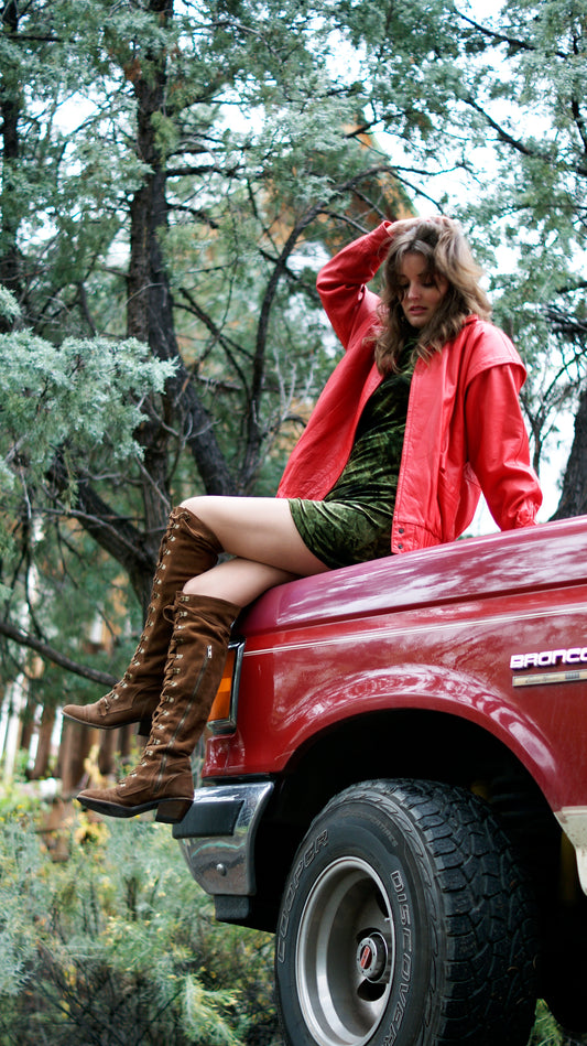 80'S VINTAGE OVERLAND SHEEPSKIN CO. RED LEATHER JACKET // SIZE MEDIUM