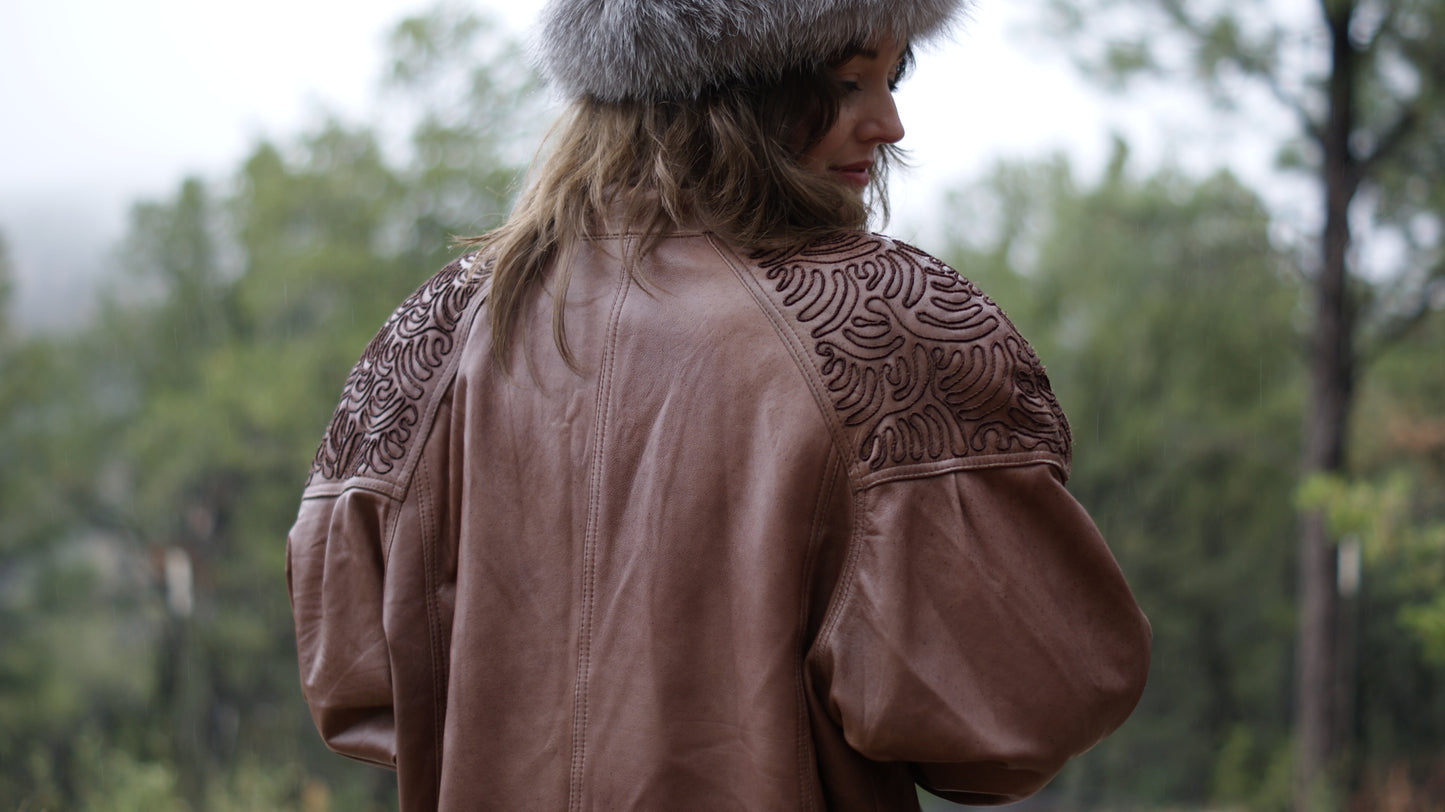 80'S VINTAGE ECHTES LEDER BROWN LEATHER WESTERN JACKET // SIZE MEDIUM