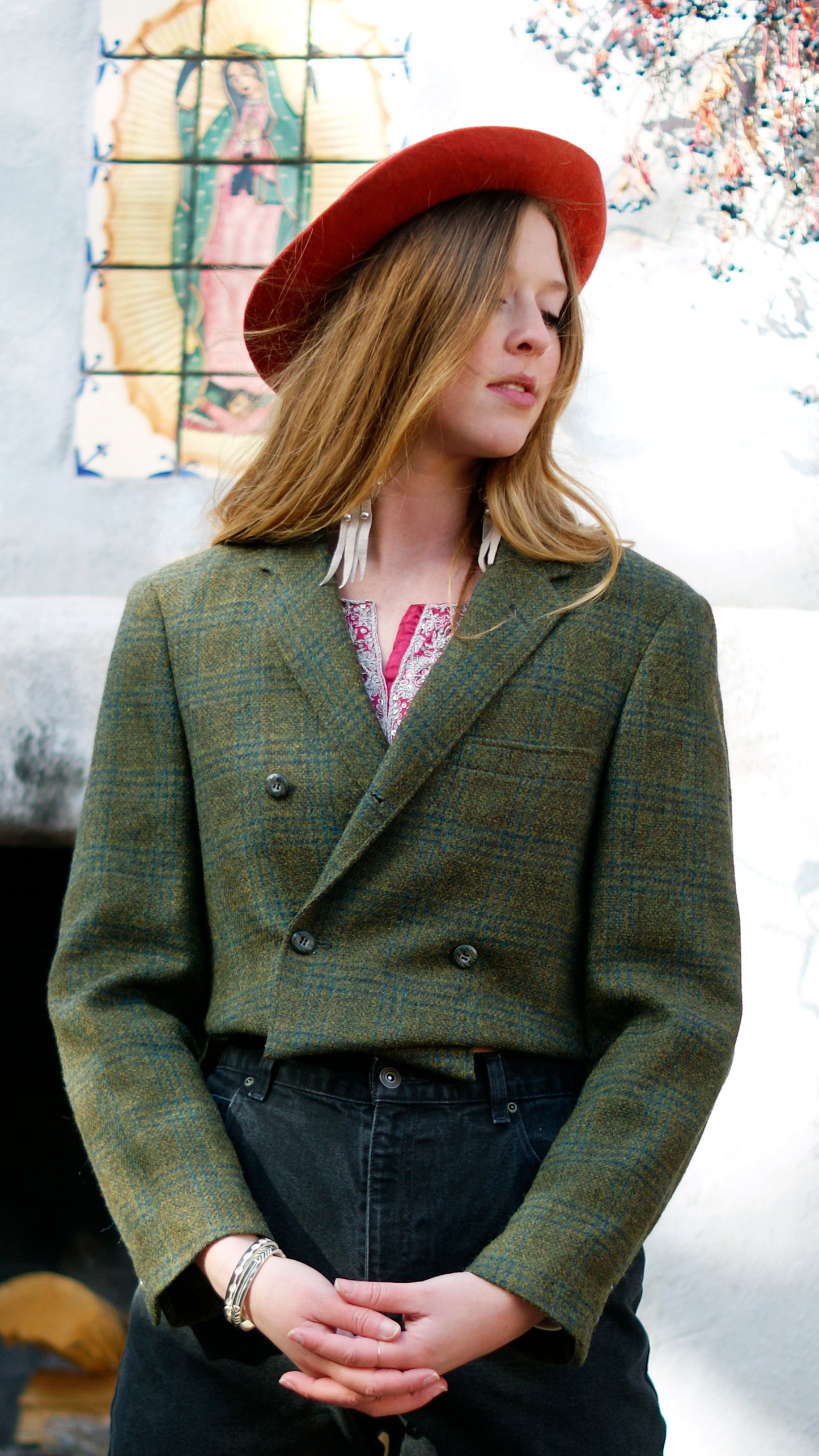 SDCV ORIGINAL WOOL GREEN PLAID CROPPED JACKET // SIZE XSMALL/SMALL