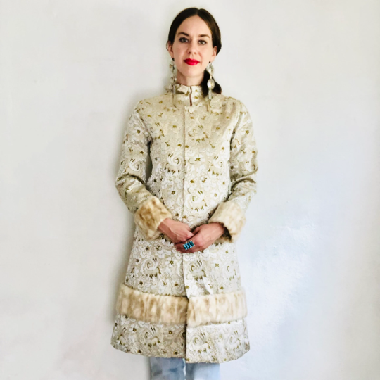 60'S VINTAGE METALLIC BROCADE / FAUX FUR JACKET // SIZE XSMALL