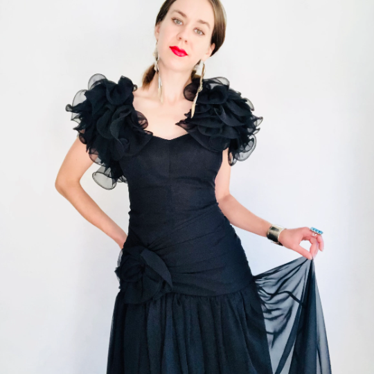 80'S VINTAGE BLACK CHIFFON RUFFLE SLEEVE DRESS // SIZE XSMALL