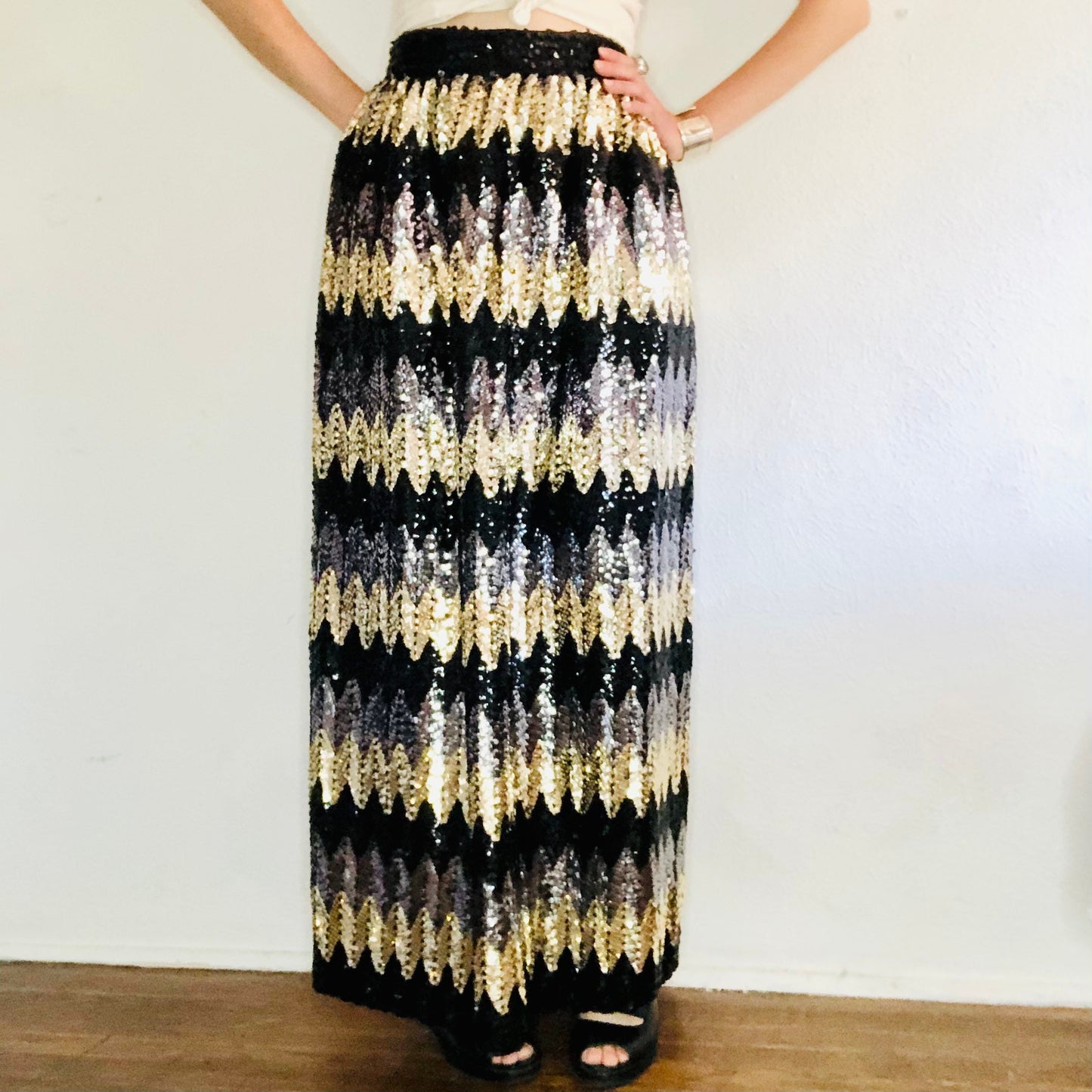 80'S VINTAGE JACK BRYAN SEQUINED MAXI SKIRT // SIZE SMALL