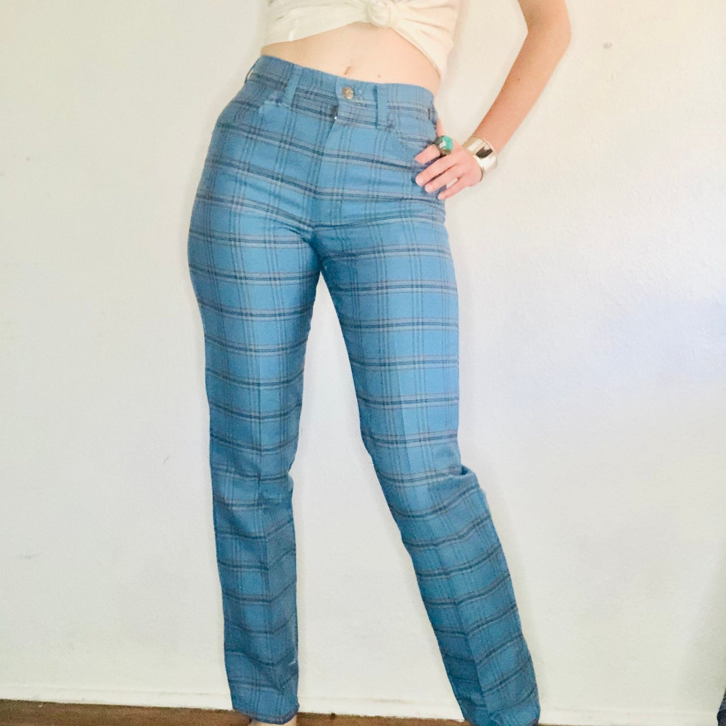 70'S VINTAGE LEE BLUE PLAID JEANS // WAIST SIZE 25