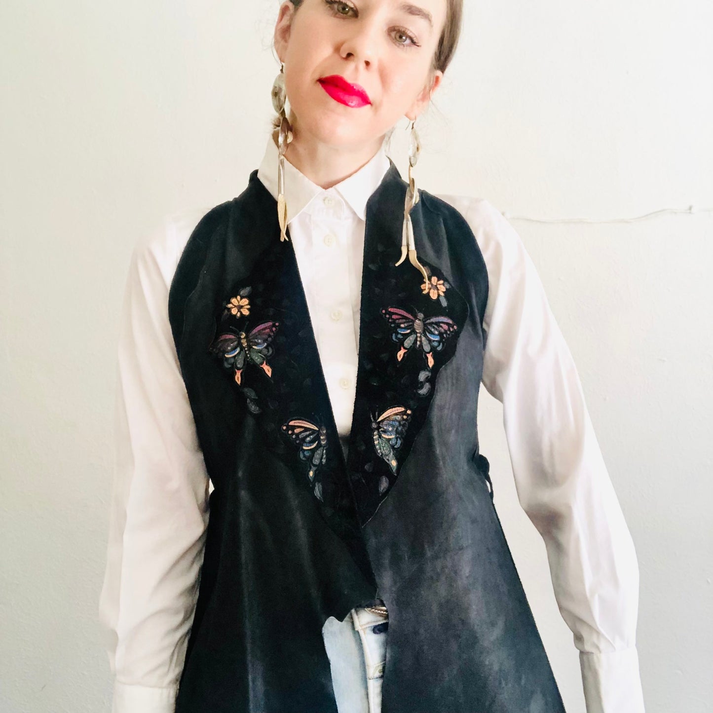 60'S VINTAGE BLACK HAND PAINTED LEATHER VEST // SIZE SMALL