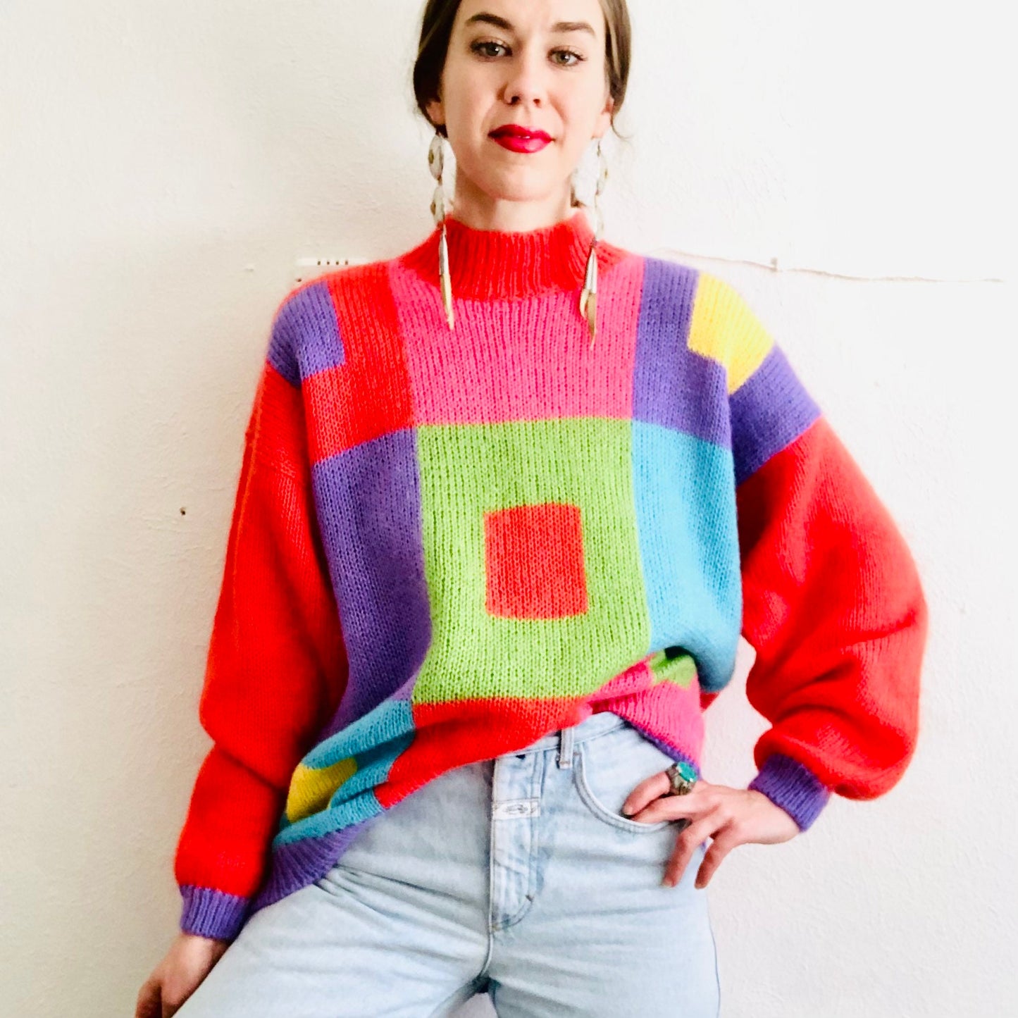 80's VINTAGE COLORBLOCK MOHAIR OVERSIZED SWEATER // SIZE LARGE