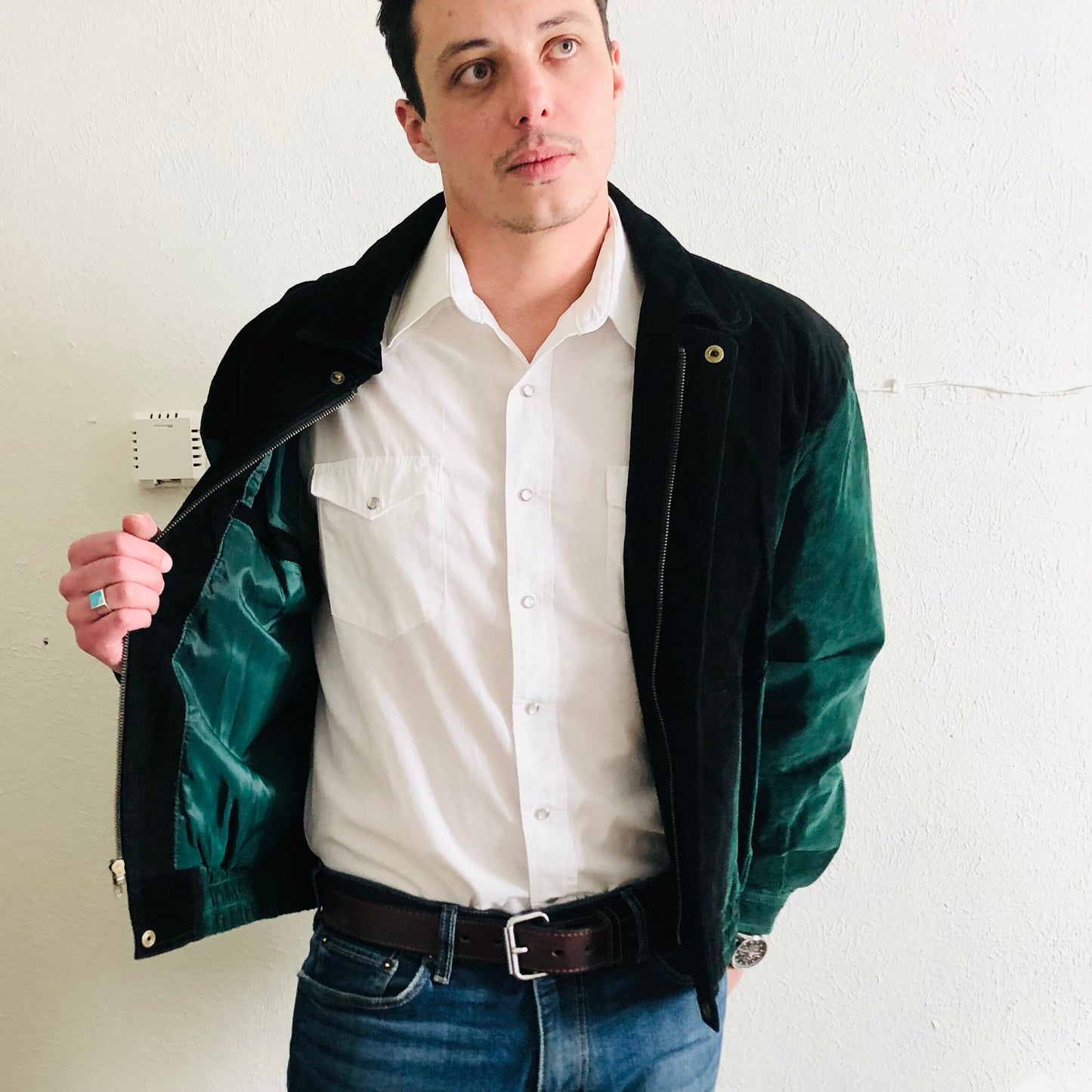 90'S VINTAGE LEATHER COLORBLOCK WESTERN BOMBER JACKET // SIZE MEDIUM