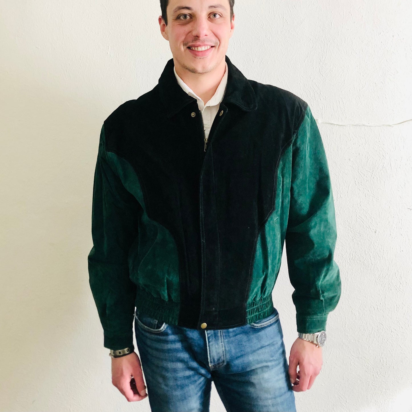 90'S VINTAGE LEATHER COLORBLOCK WESTERN BOMBER JACKET // SIZE MEDIUM