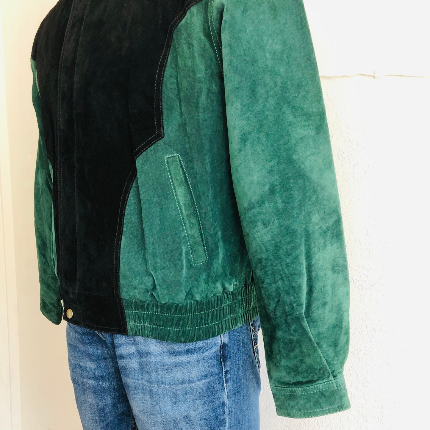 90'S VINTAGE LEATHER COLORBLOCK WESTERN BOMBER JACKET // SIZE MEDIUM