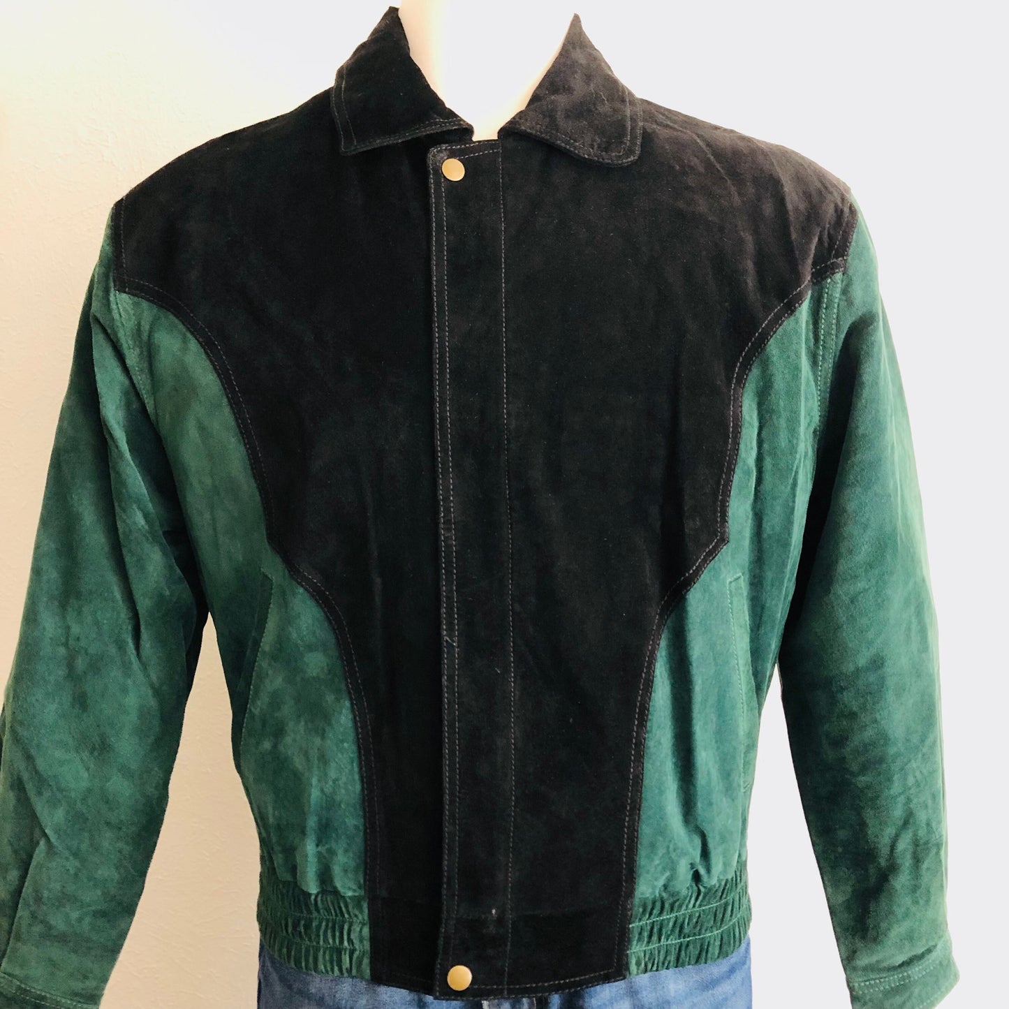 90'S VINTAGE LEATHER COLORBLOCK WESTERN BOMBER JACKET // SIZE MEDIUM