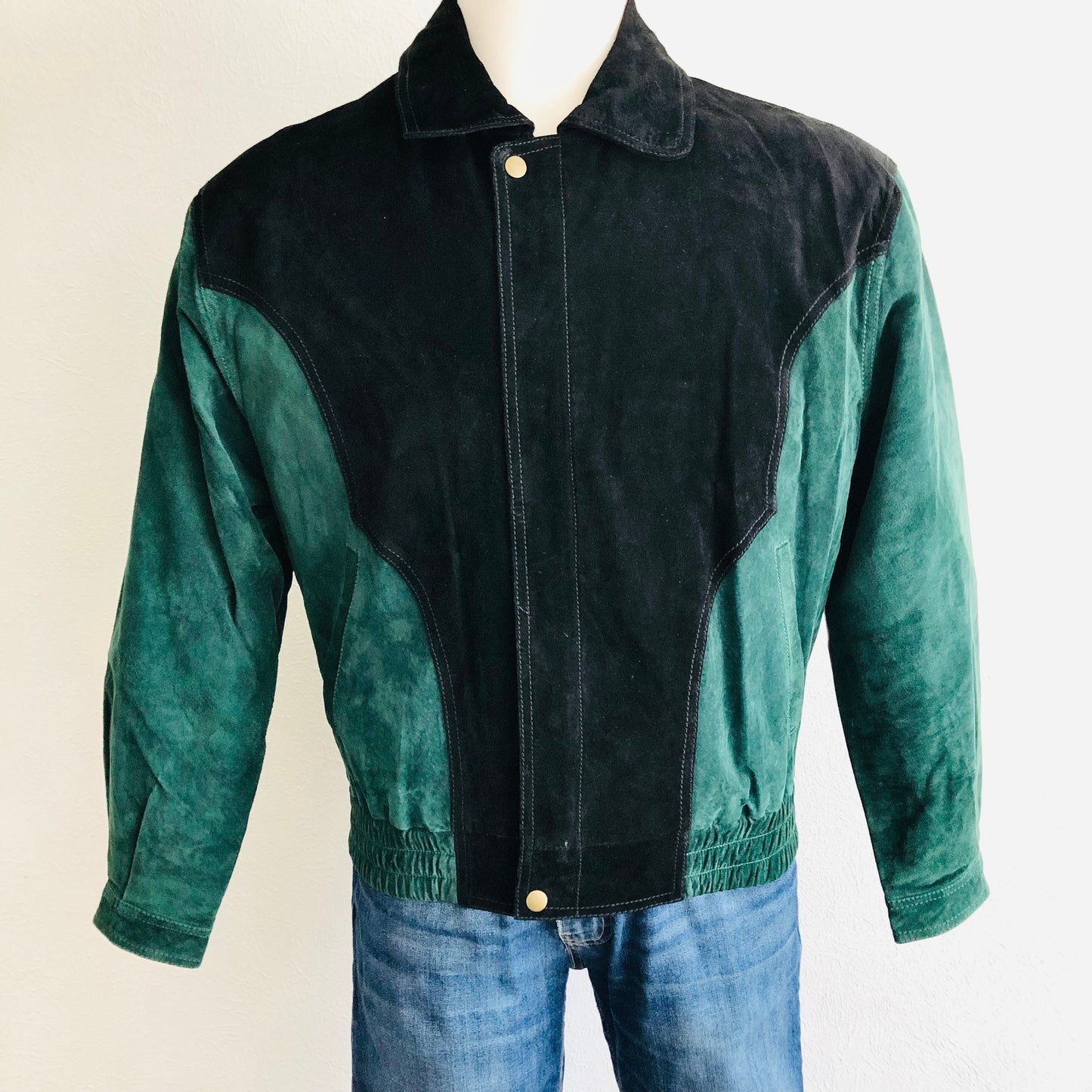 90'S VINTAGE LEATHER COLORBLOCK WESTERN BOMBER JACKET // SIZE MEDIUM