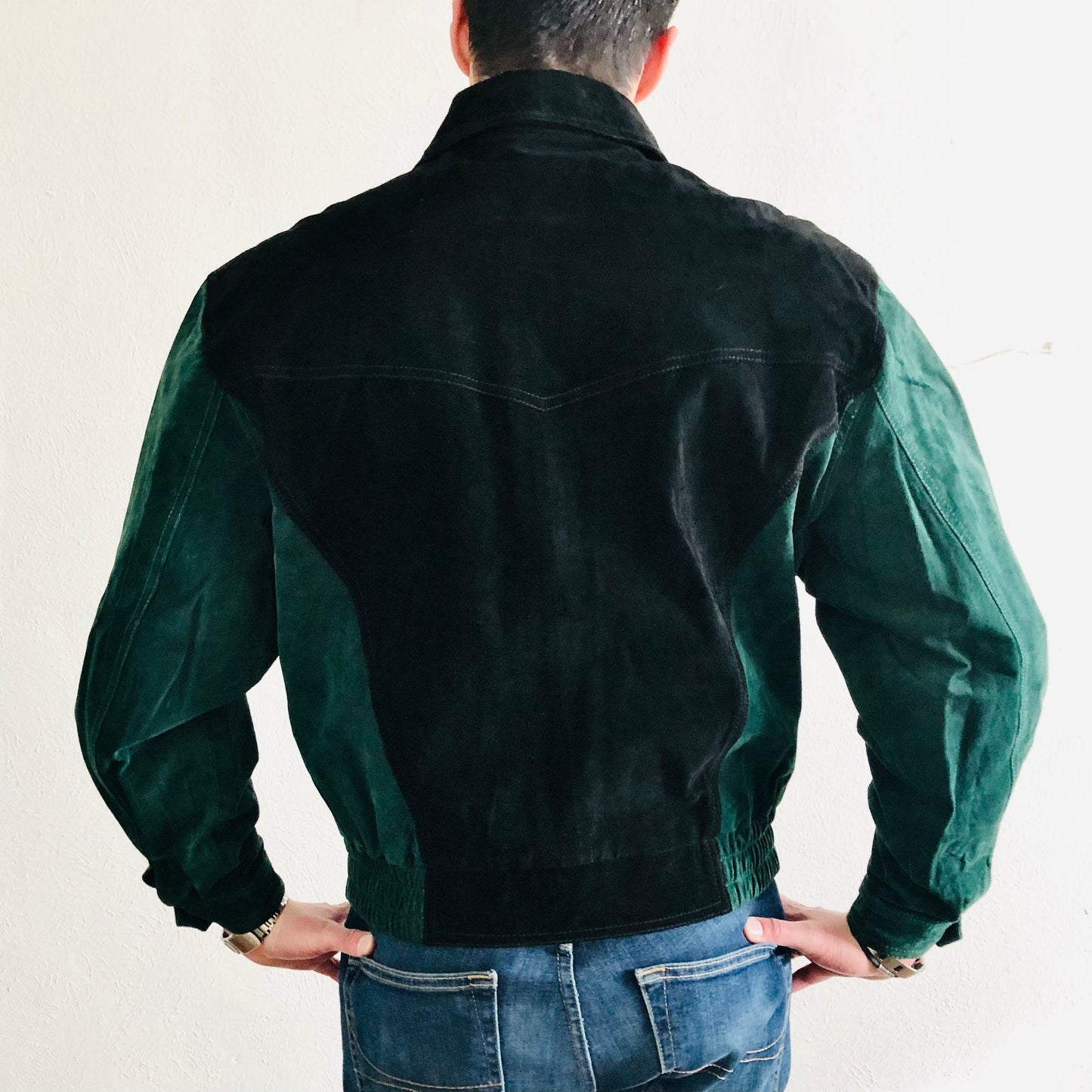 90'S VINTAGE LEATHER COLORBLOCK WESTERN BOMBER JACKET // SIZE MEDIUM