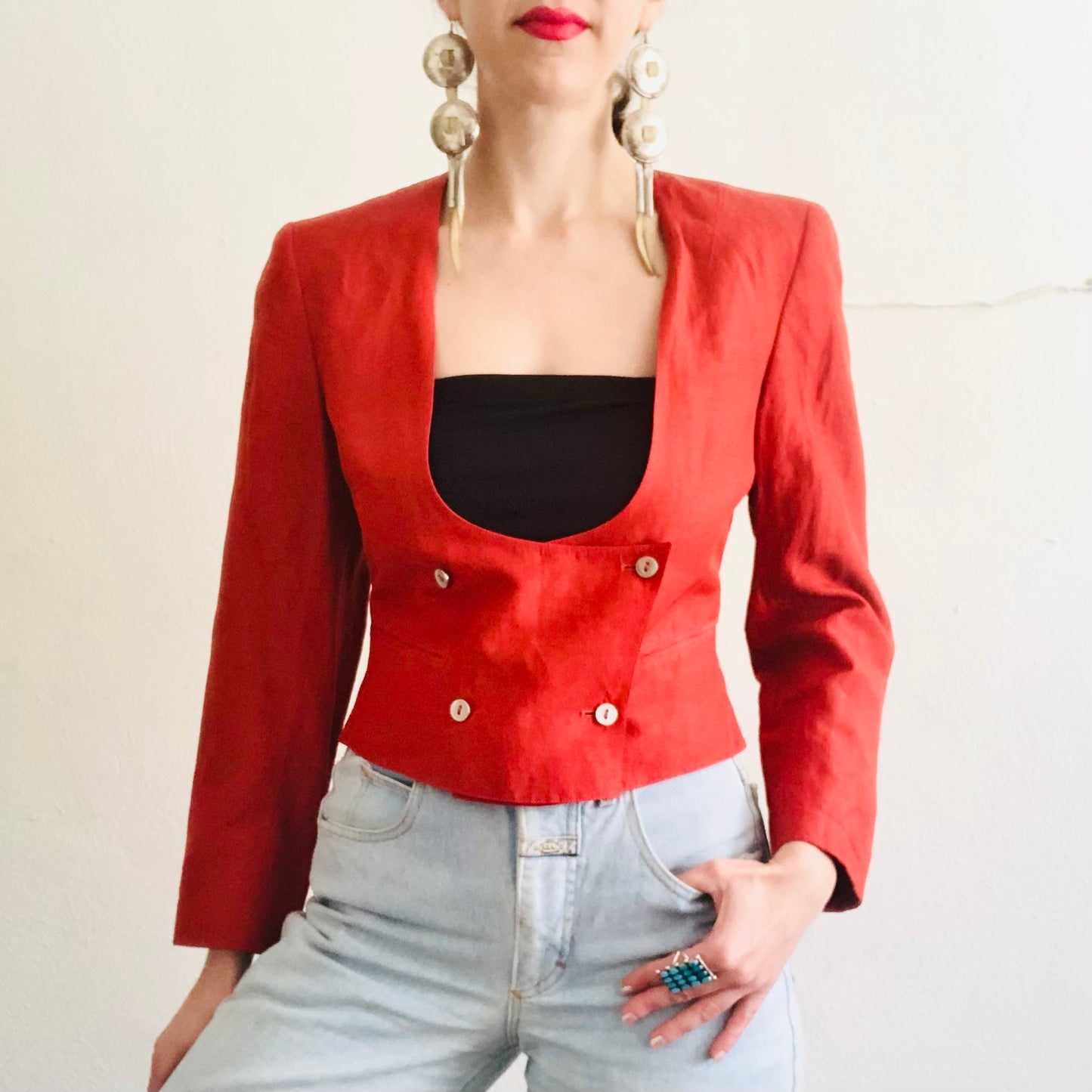 90'S VINTAGE CLAUDE MONTANA SILK/COTTON CROPPED JACKET // SIZE SMALL