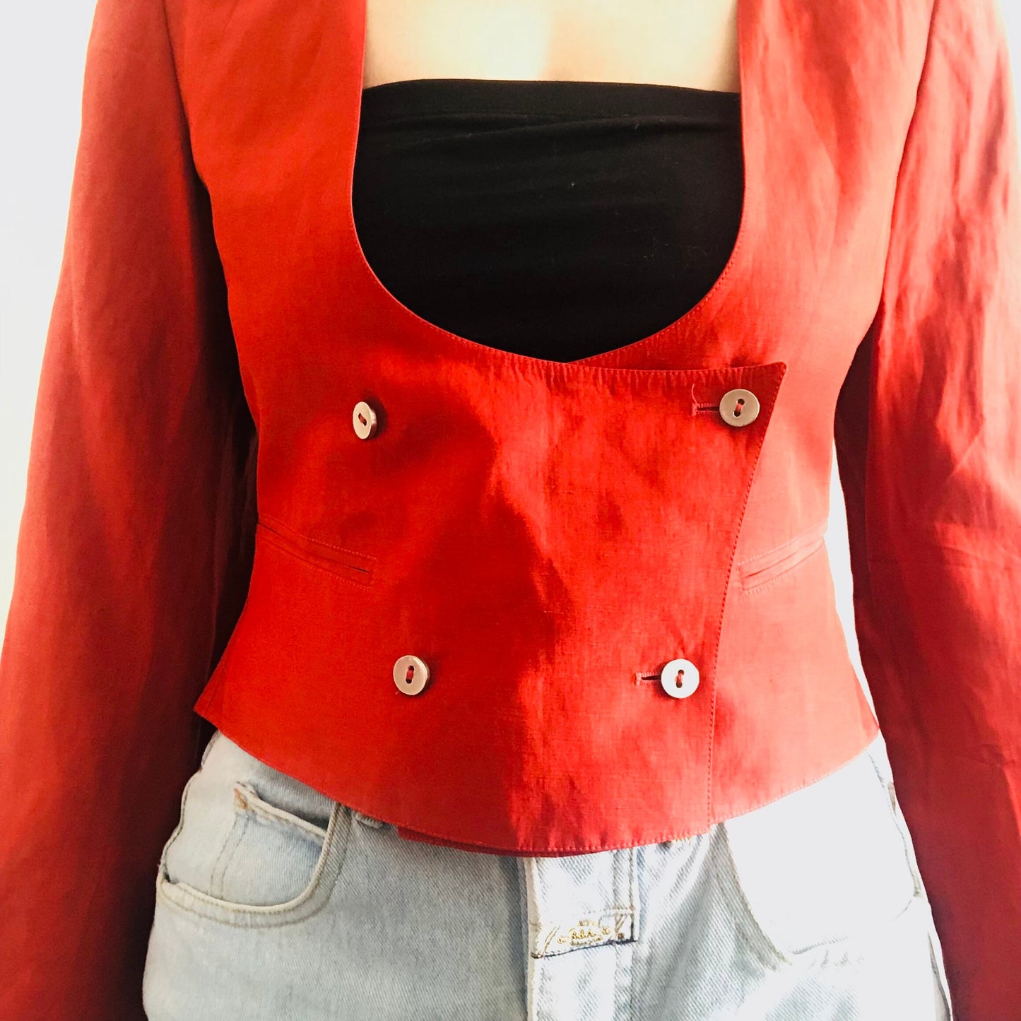 90'S VINTAGE CLAUDE MONTANA SILK/COTTON CROPPED JACKET // SIZE SMALL
