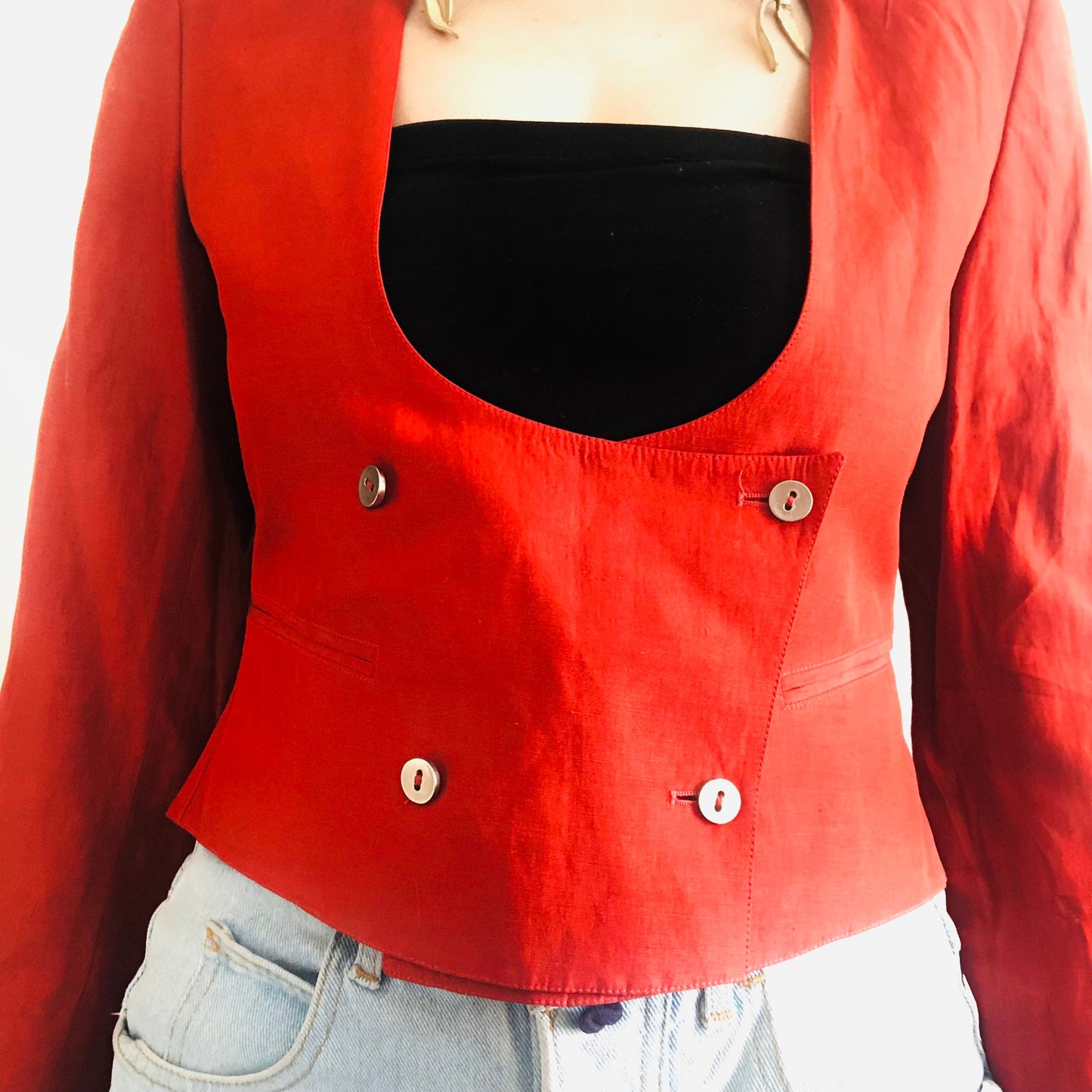 90'S VINTAGE CLAUDE MONTANA SILK/COTTON CROPPED JACKET // SIZE SMALL