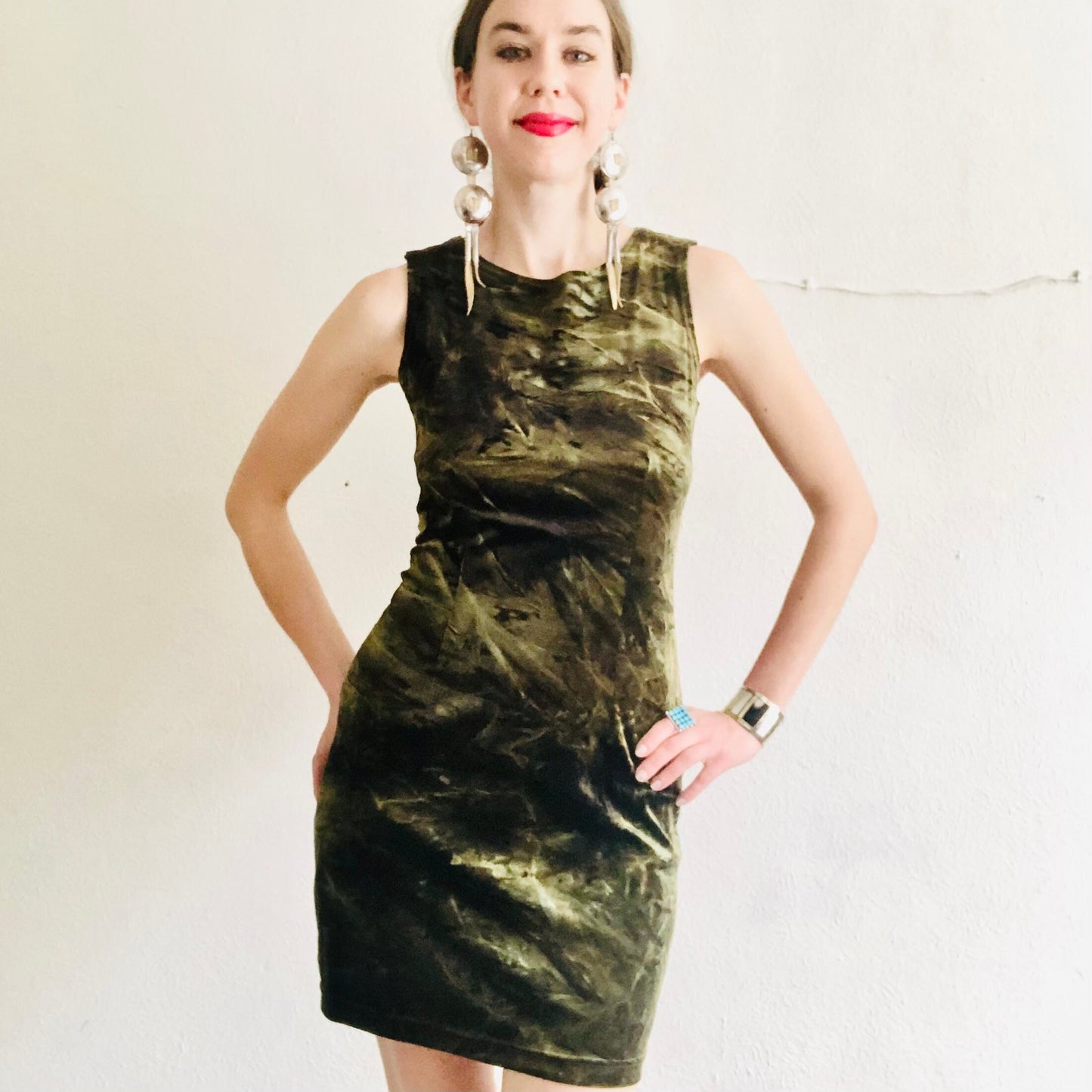 90'S VINTAGE HANDDYED VELOUR MINI DRESS // SIZE SMALL