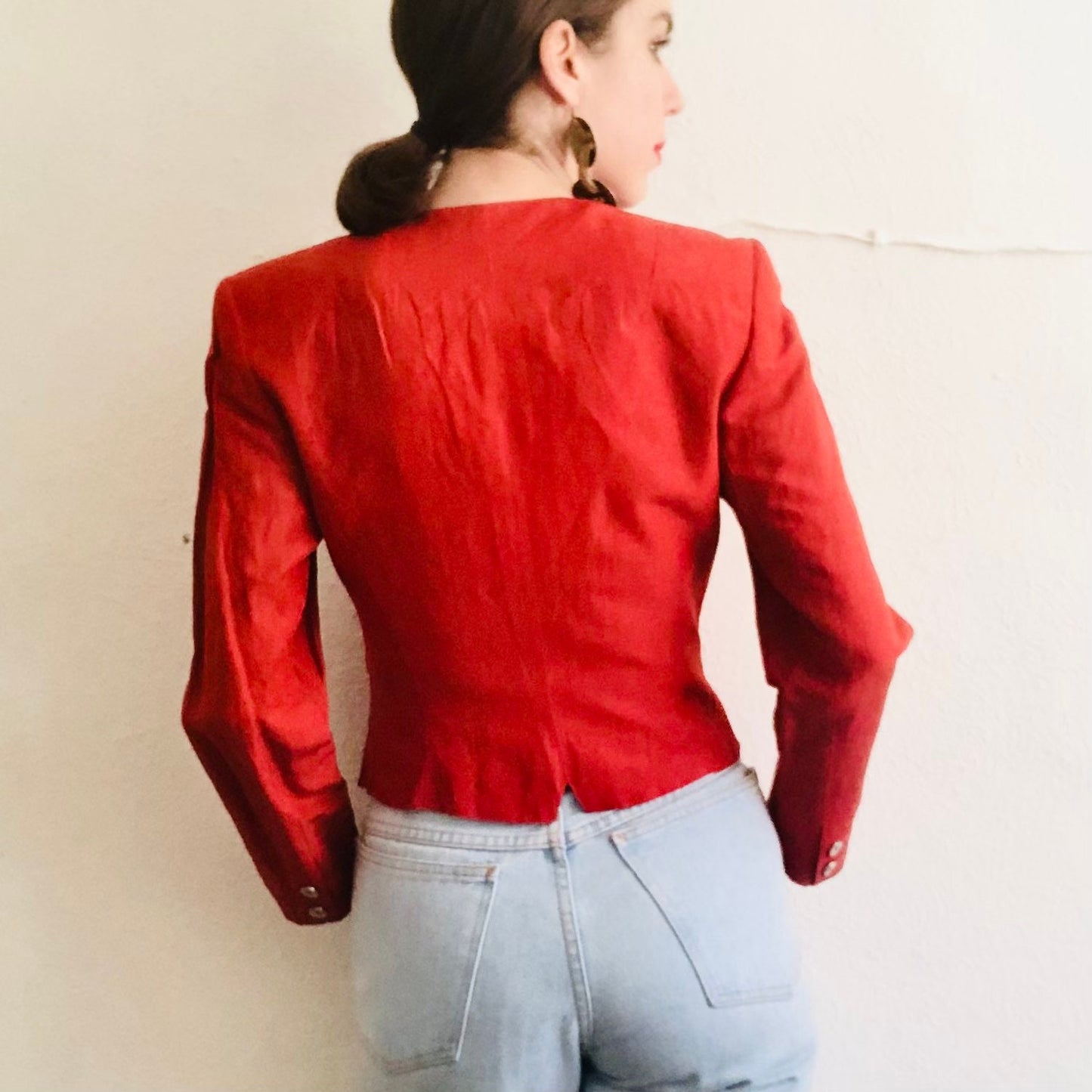 90'S VINTAGE CLAUDE MONTANA SILK/COTTON CROPPED JACKET // SIZE SMALL