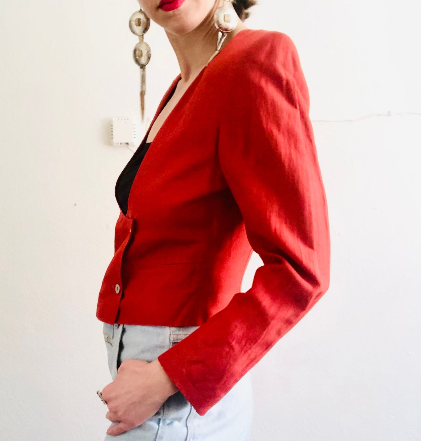 90'S VINTAGE CLAUDE MONTANA SILK/COTTON CROPPED JACKET // SIZE SMALL