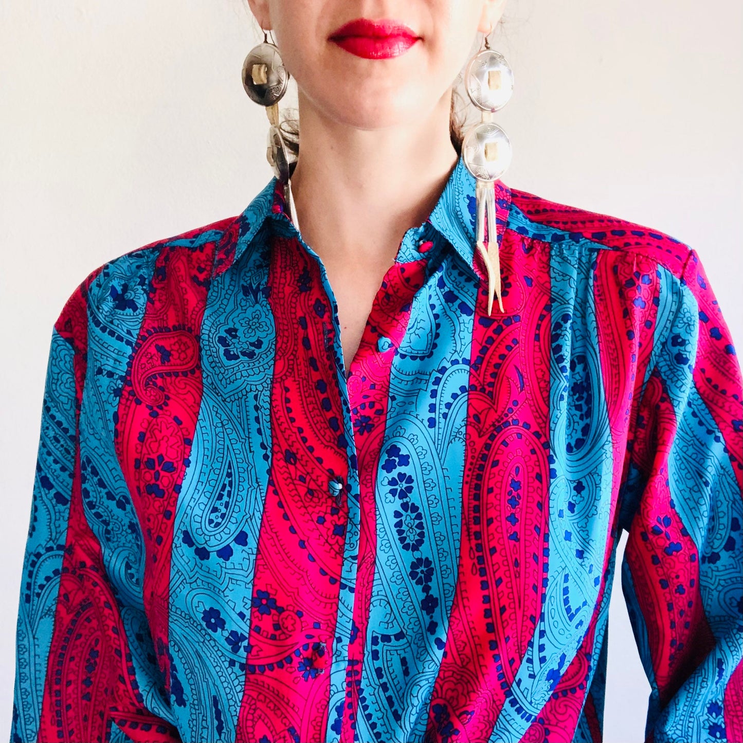 80'S VINTAGE COLORBLOCK WESTERN BLOUSE // SIZE MEDIUM