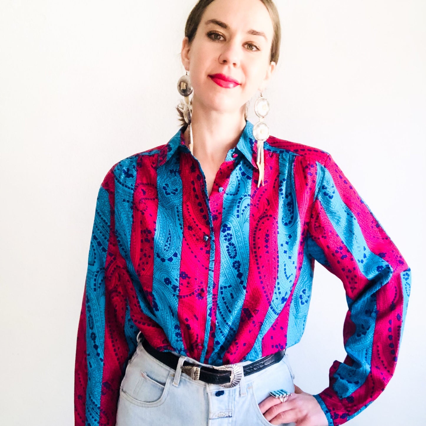 80'S VINTAGE COLORBLOCK WESTERN BLOUSE // SIZE MEDIUM