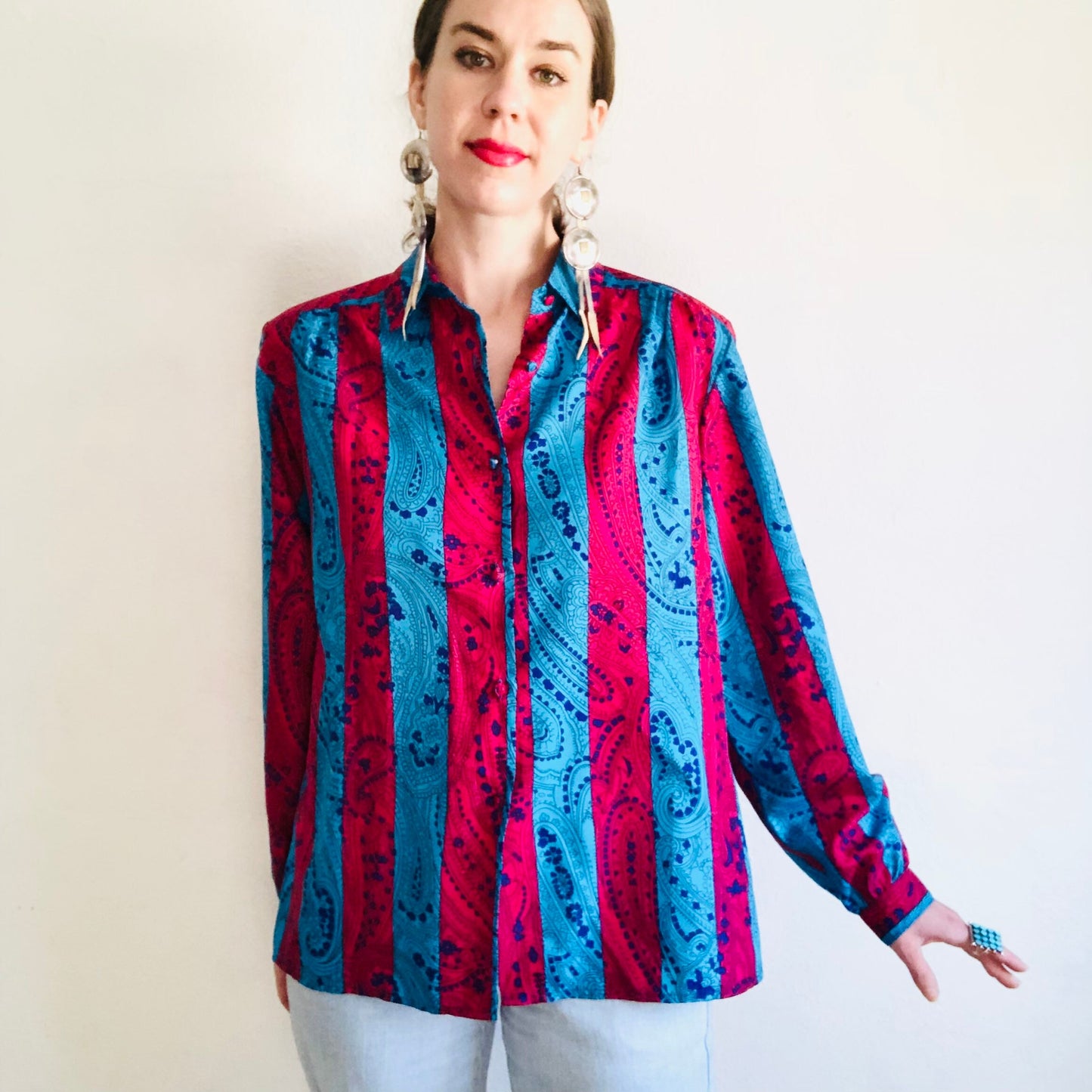 80'S VINTAGE COLORBLOCK WESTERN BLOUSE // SIZE MEDIUM