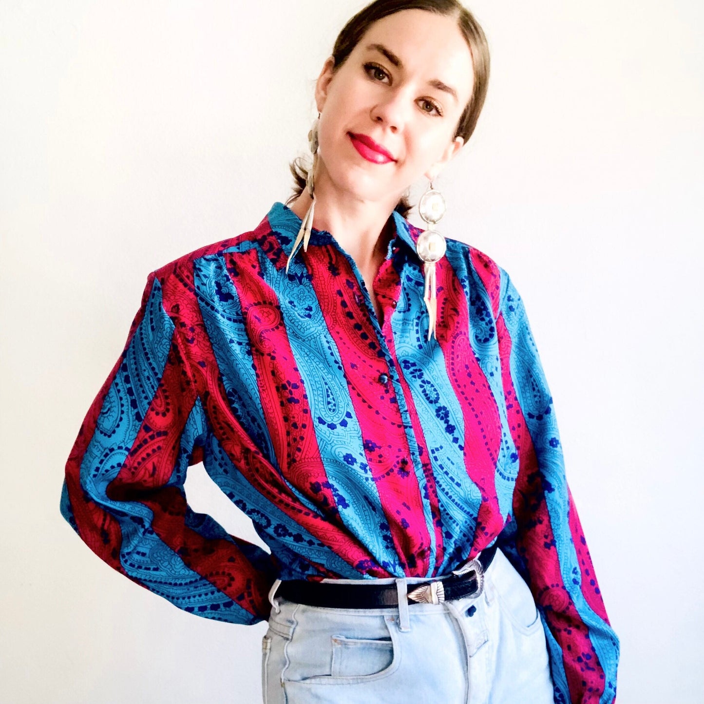 80'S VINTAGE COLORBLOCK WESTERN BLOUSE // SIZE MEDIUM