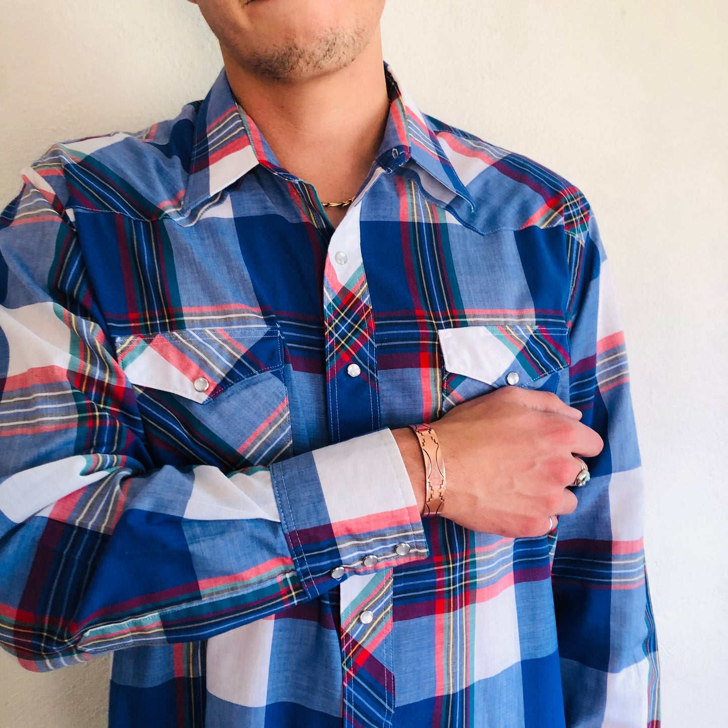 80'S VINTAGE WRANGLER BLUE PLAID WESTERN SHIRT // SIZE LARGE