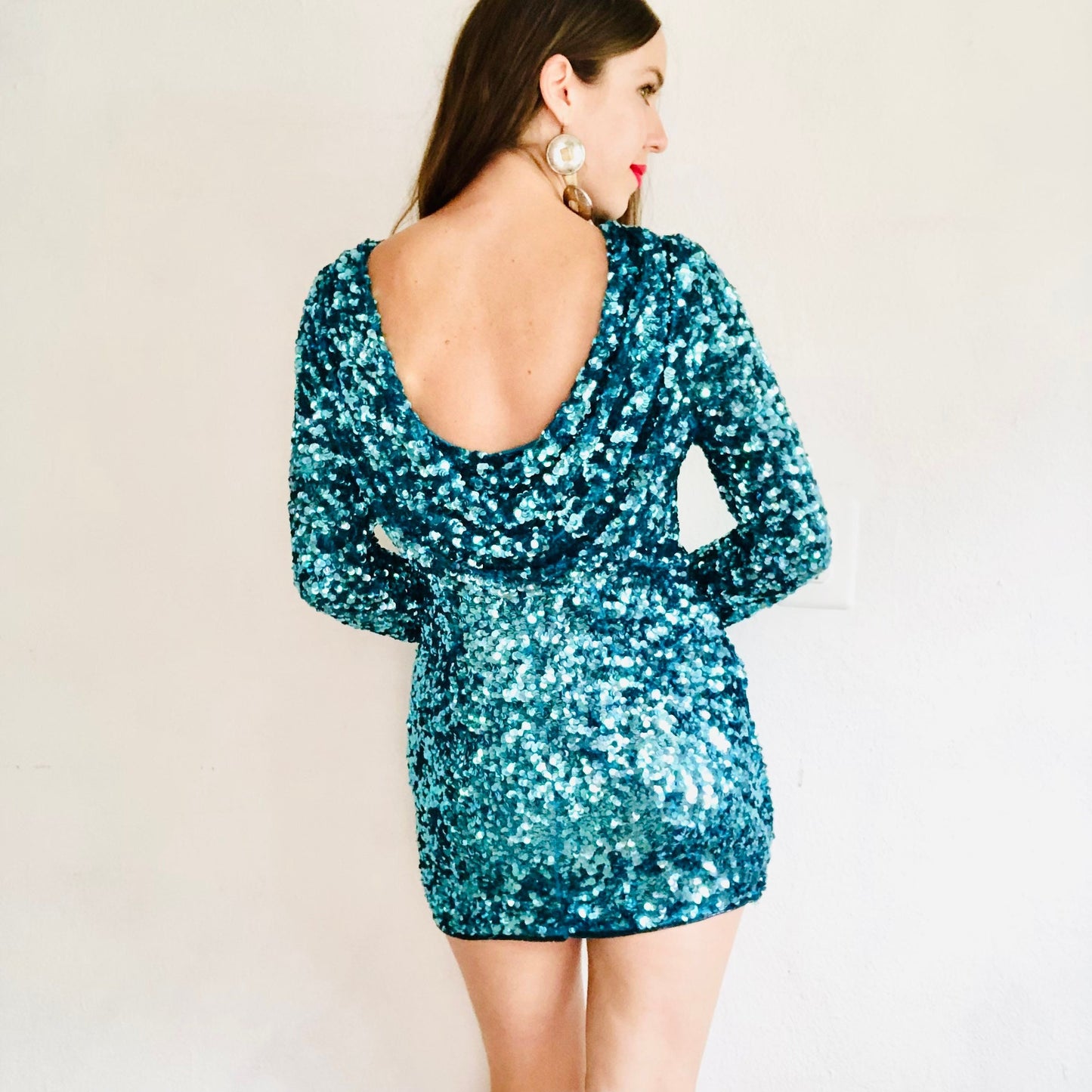 80'S VINTAGE TURQUOISE SEQUINED MICRO MINI DRESS // SIZE SMALL