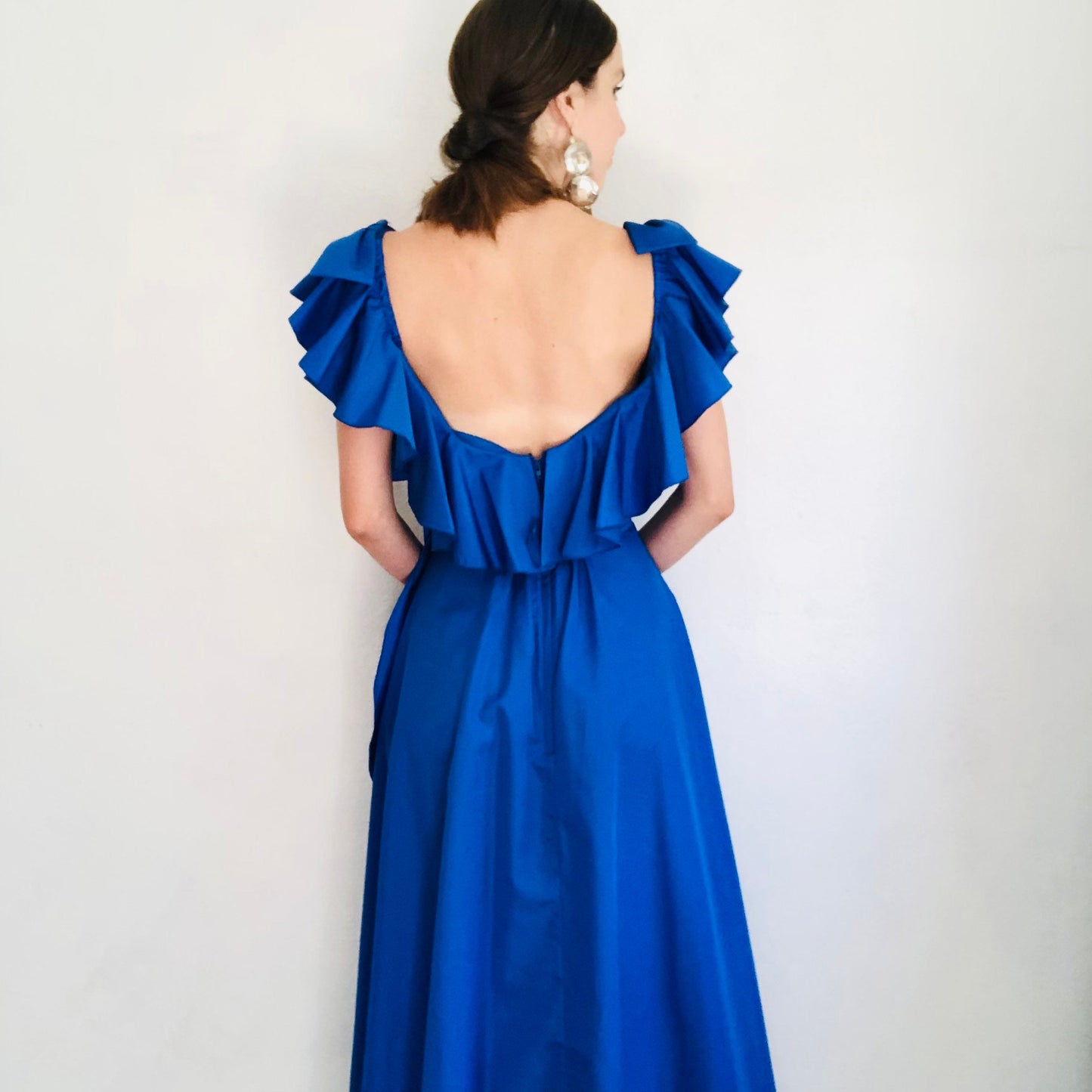 70'S VINTAGE BLUE RUFFLE MAXI DRESS // SIZE SMALL