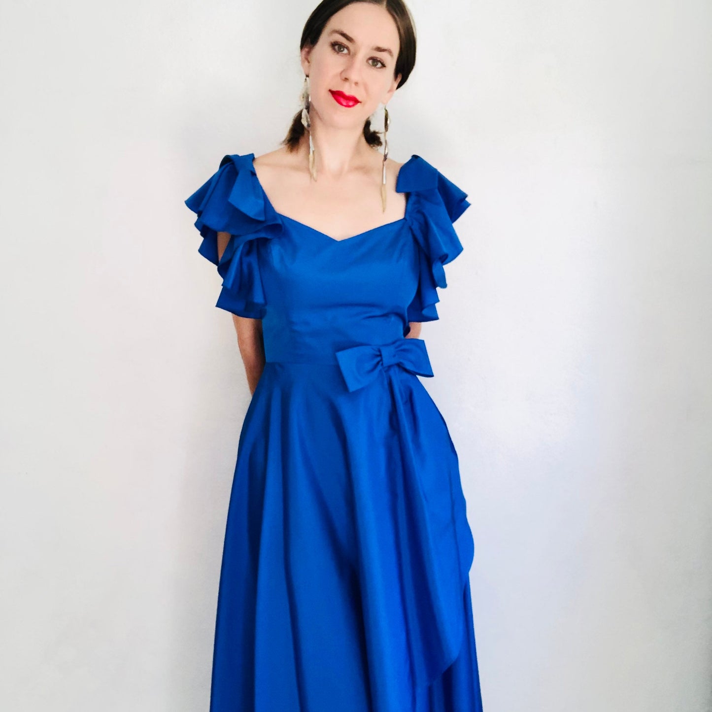 70'S VINTAGE BLUE RUFFLE MAXI DRESS // SIZE SMALL