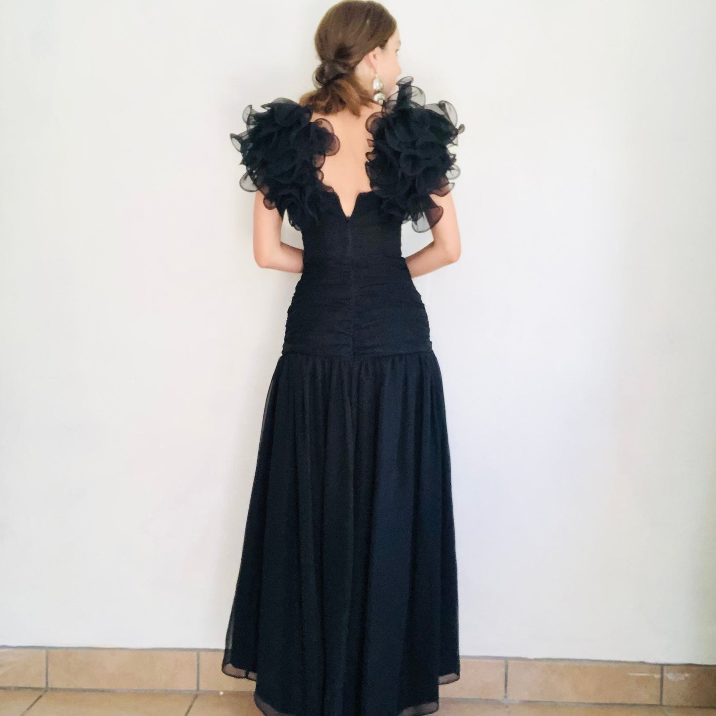 80'S VINTAGE BLACK CHIFFON RUFFLE SLEEVE DRESS // SIZE XSMALL