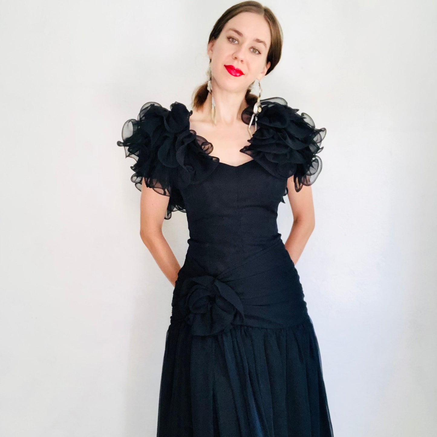 80'S VINTAGE BLACK CHIFFON RUFFLE SLEEVE DRESS // SIZE XSMALL