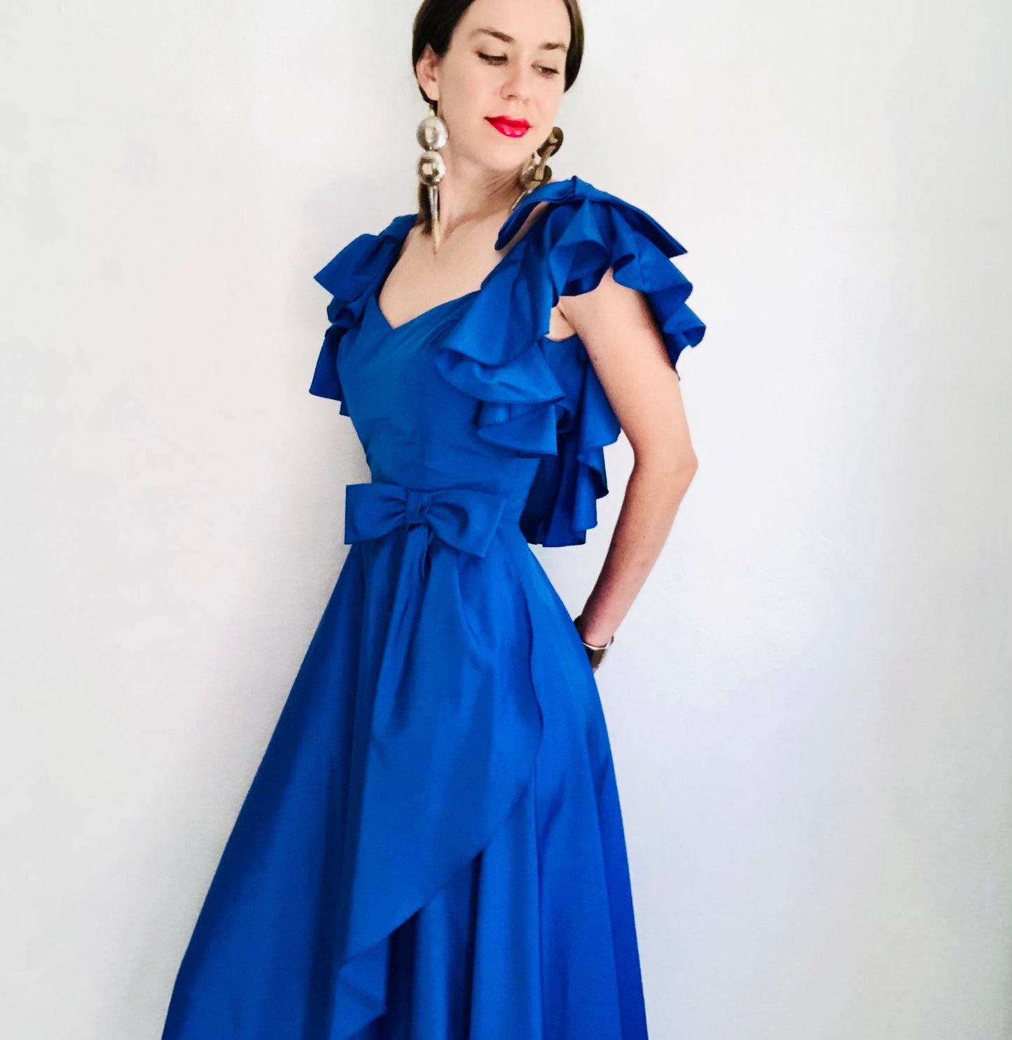 70'S VINTAGE BLUE RUFFLE MAXI DRESS // SIZE SMALL