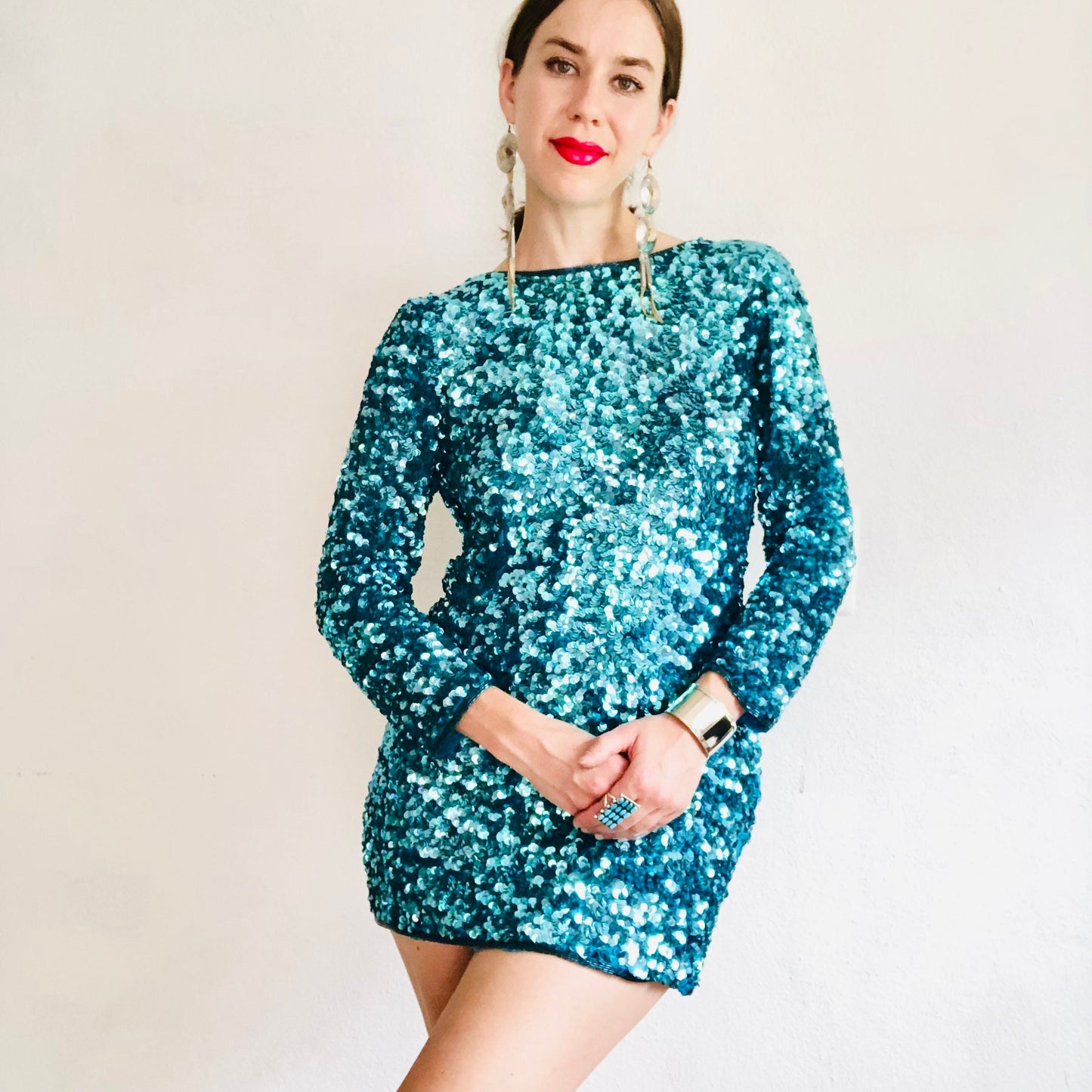 80'S VINTAGE TURQUOISE SEQUINED MICRO MINI DRESS // SIZE SMALL
